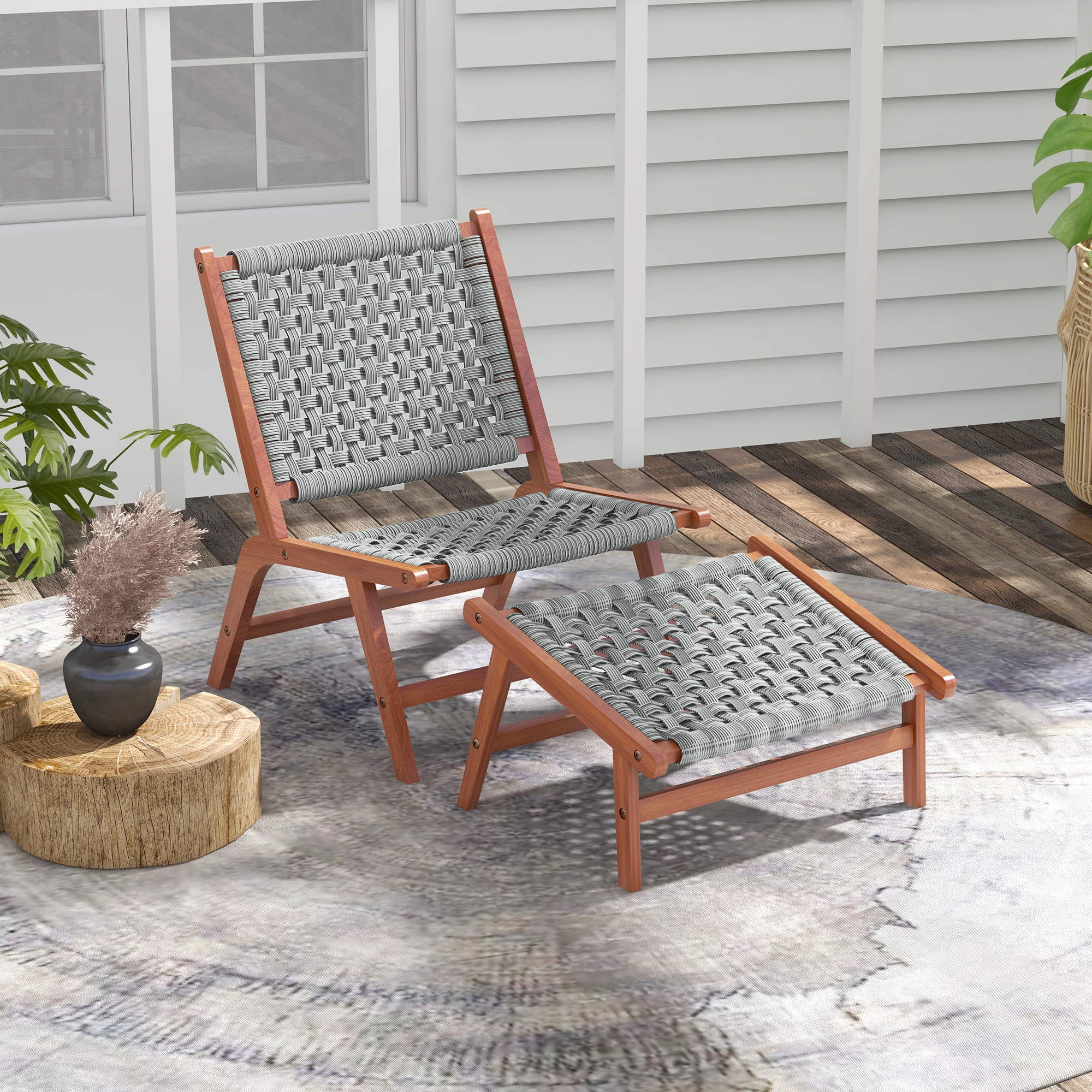 Outsunny Garten-Sessel mit Fußhocker - Relaxsessel aus Akazienholz und geflochtenem Harzseil - Natur, Grau