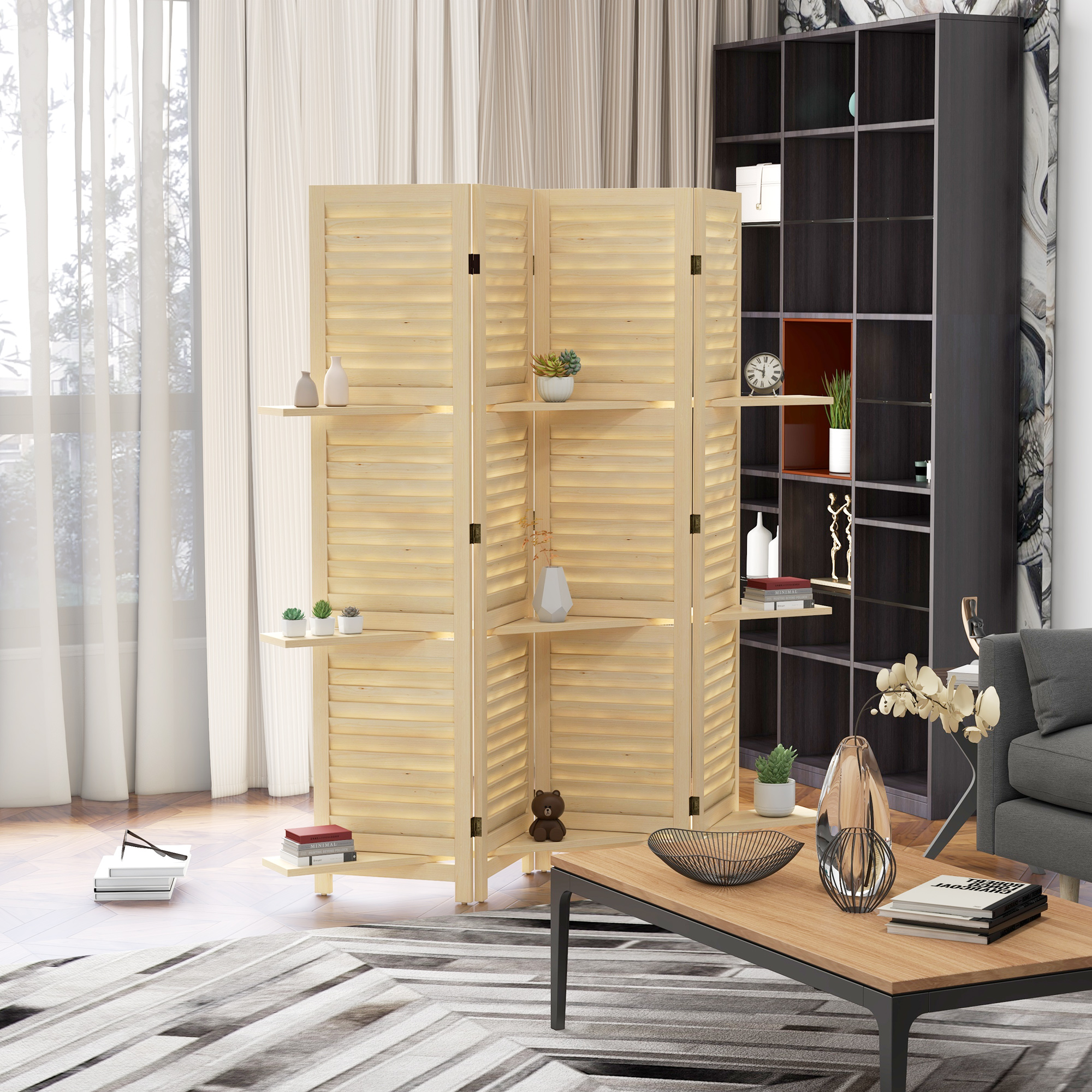 HOMCOM Innenraum-Paravent 4 Paneelen 160L x 170H cm 3 Regale faltbarer Raumteiler mit Lamellentüren natur