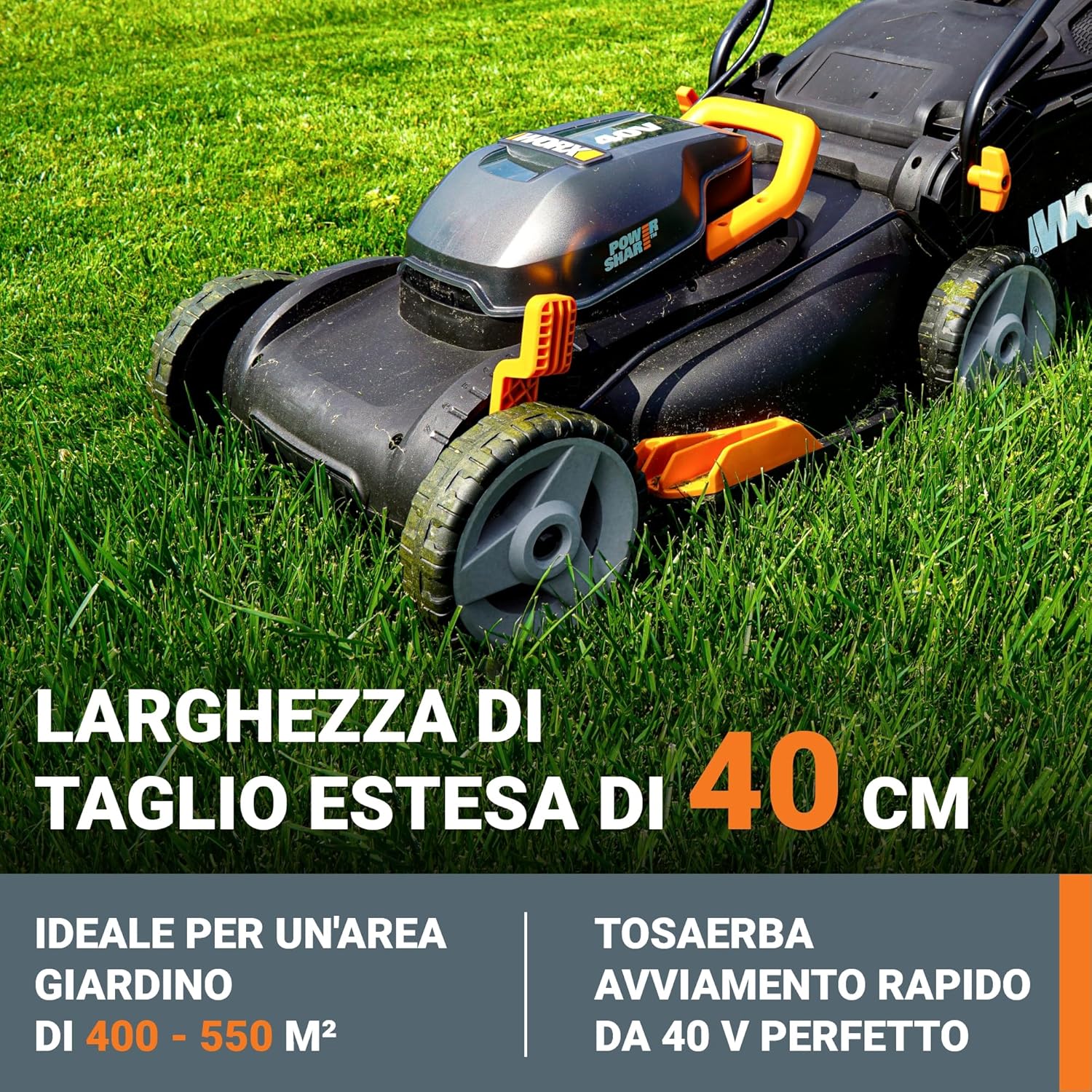 WORX WG743E Tosaerba a batteria 40 V – funzione di pacciamatura e batteria PowerShare – senza cavo – ideale per giardini fino a 500 m²