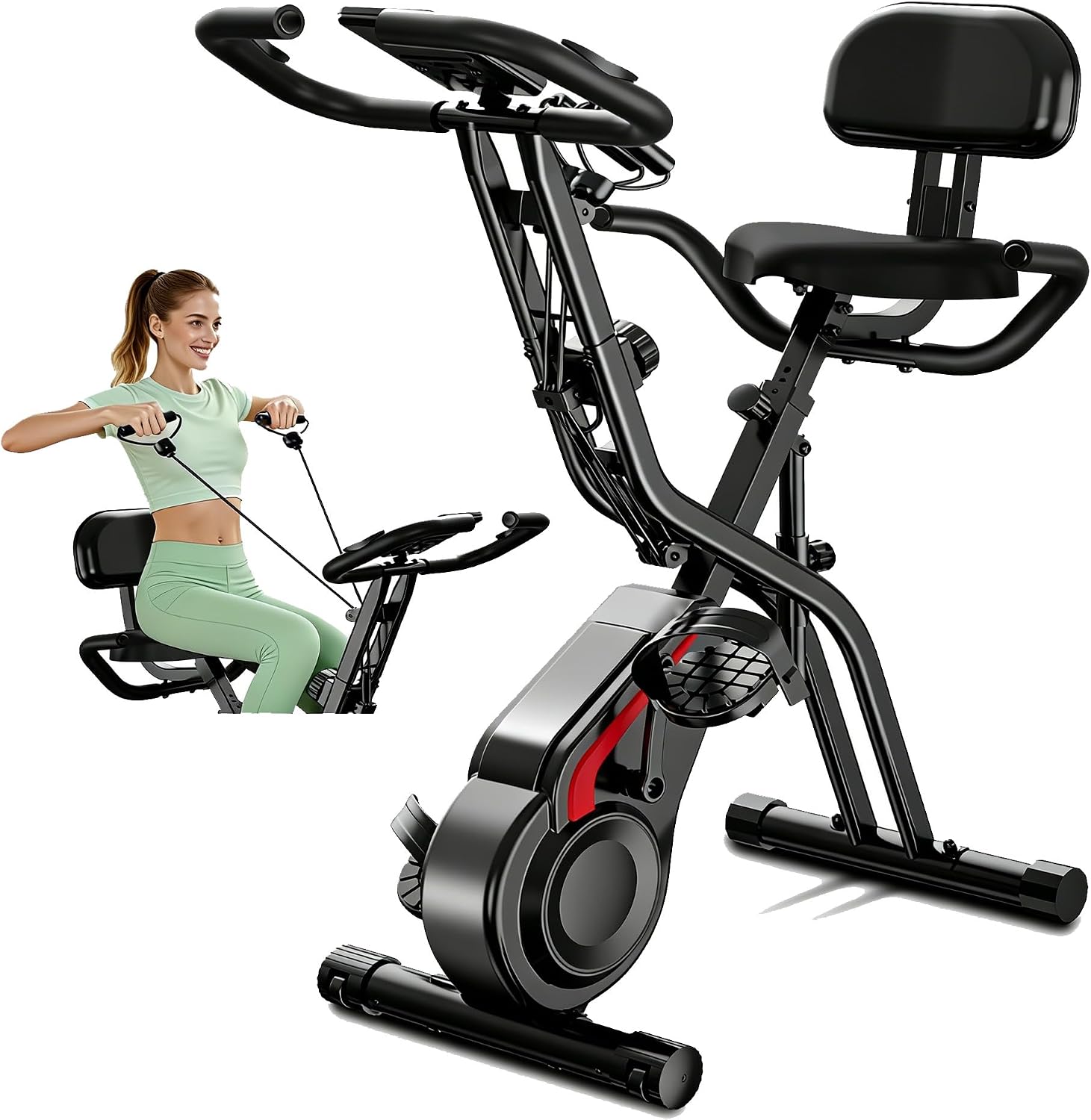Cyclette per Casa Pieghevole 5 in 1 con Schienale, Cyclette Magnetica con Display LCD e Bande Elastiche, Spin Bike Silenziosa fino 136 kg