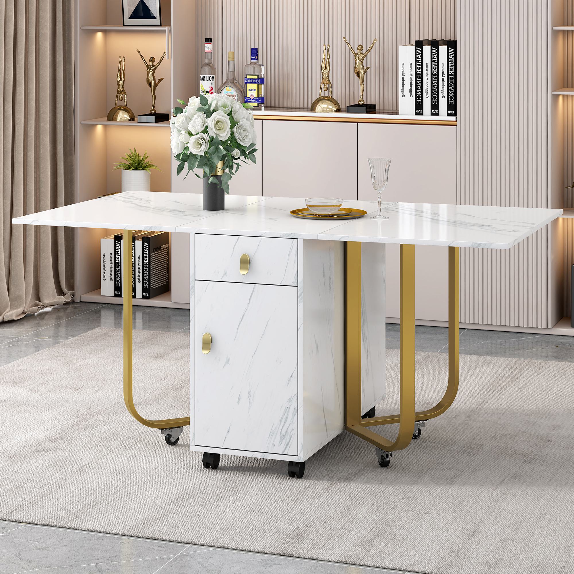 Klappbarer Esstisch mit Aufschrank und 2 Schubladen, Vielseitiger Küchentisch mit Rollen, 150×80×76 cm, Weiß+Gold