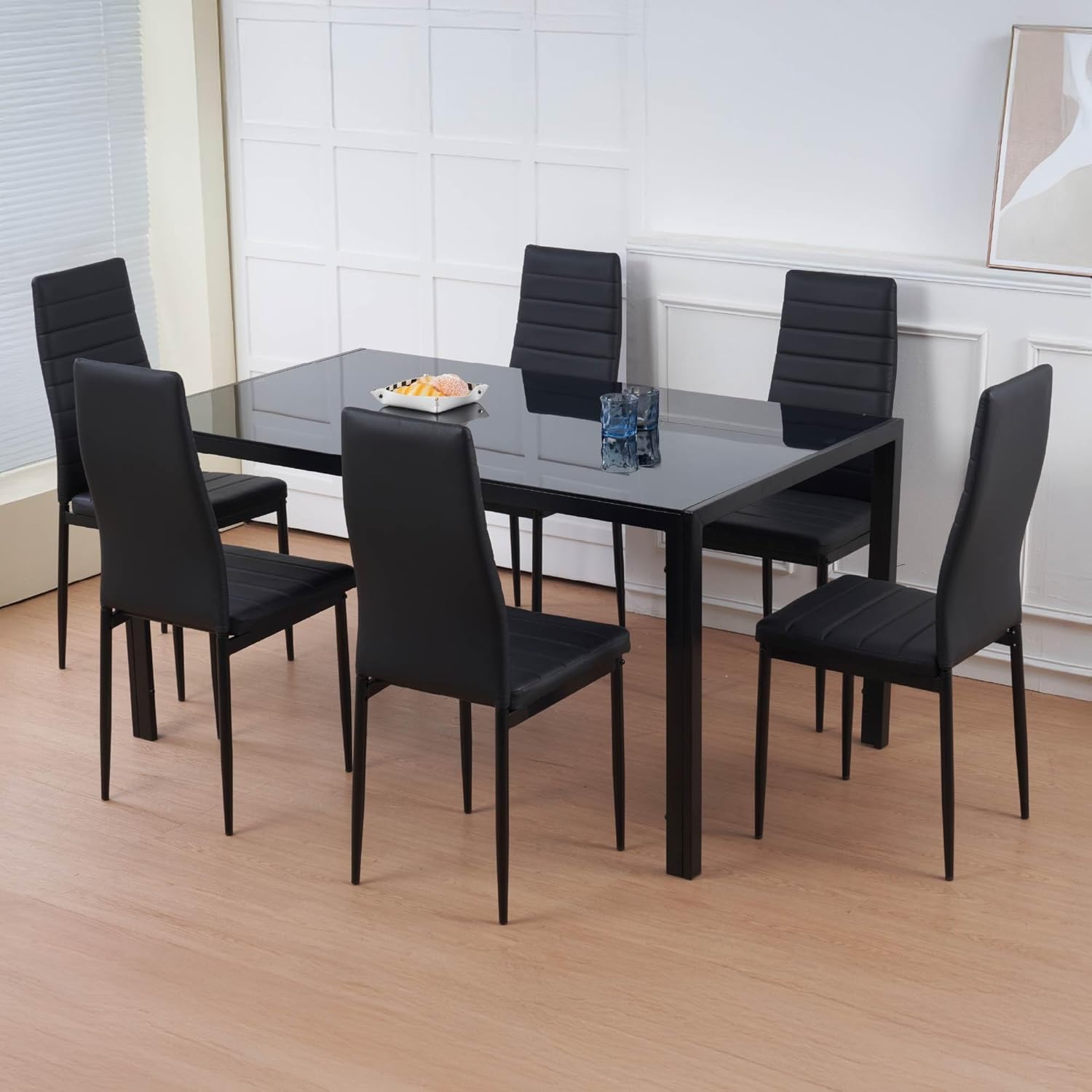 IlGruppone Set Sedie e Tavolo da Pranzo con Ripiano in Vetro Temperato e Sedia Imbottite in Similpelle Nera Design Moderno, 4 o 6 Posti Ideale per Cucina o Soggiorno - Nero - 6 Posti