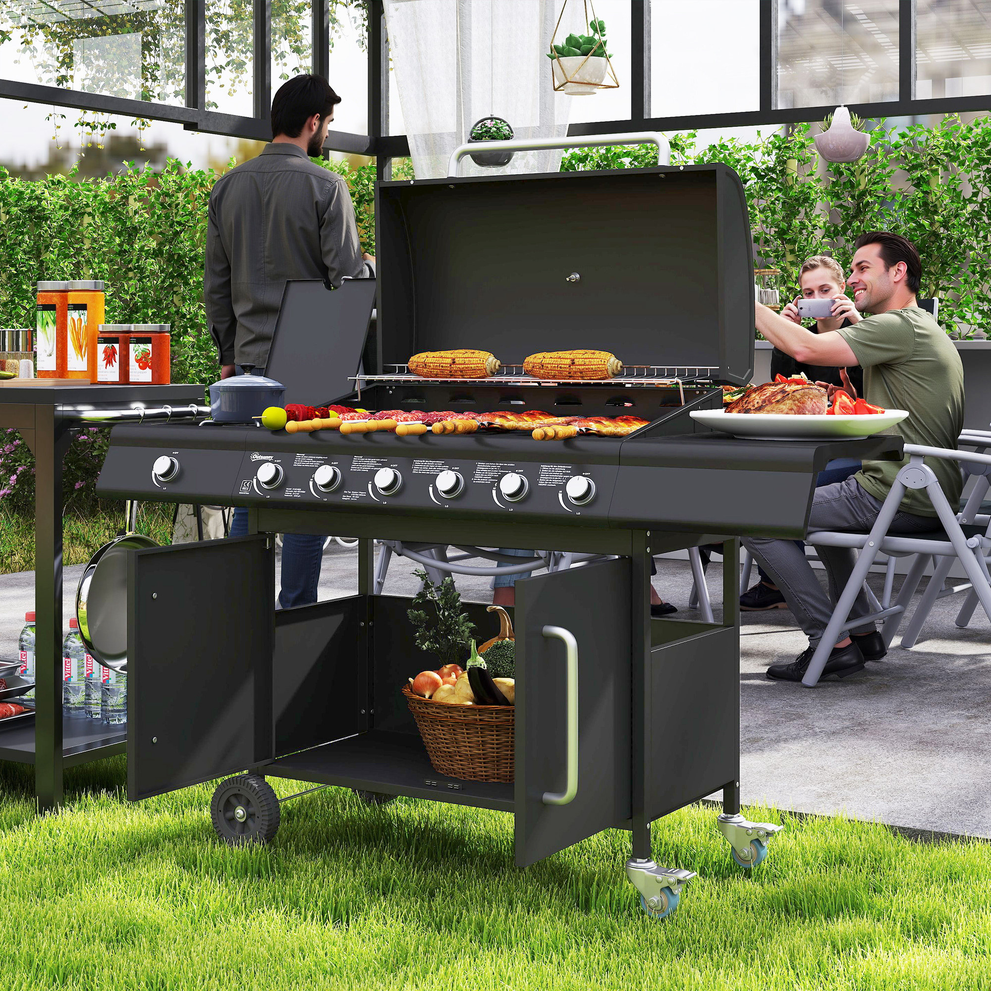 Outsunny Fahrbarer Gasgrill mit Stauraum, Seitentisch, Seitenbrenner, Warmhalterost, Thermometer, Edelstahl, Schwarz