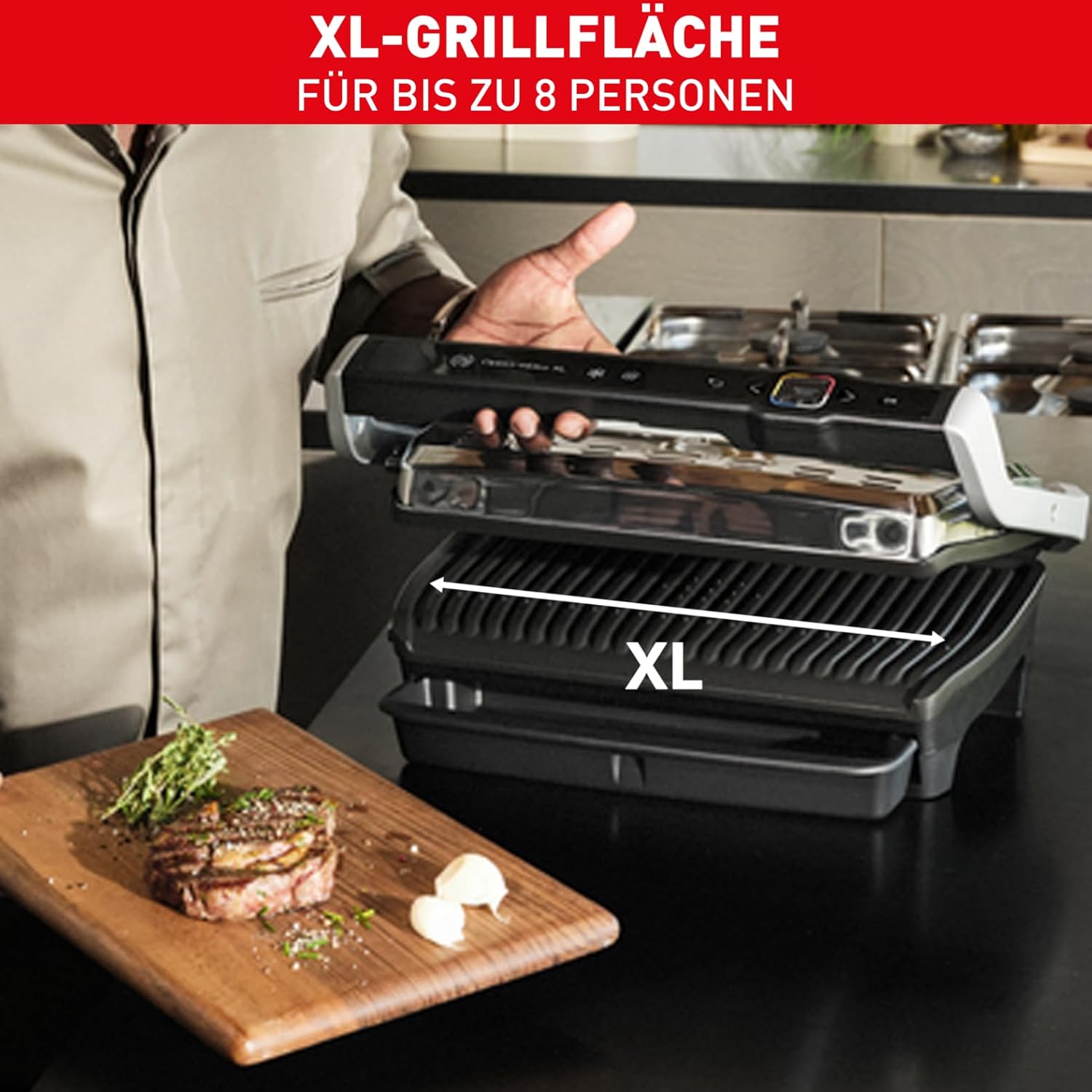 Tefal OptiGrill Elite XL Kontaktgrill, 16 Programme, Digitales Display mit Garstufenanzeige, abnehmbare XL-Platten, Grillboost-Funktion, intuitive Bedienung, Elektrogrill, Edelstahl, GC760D12