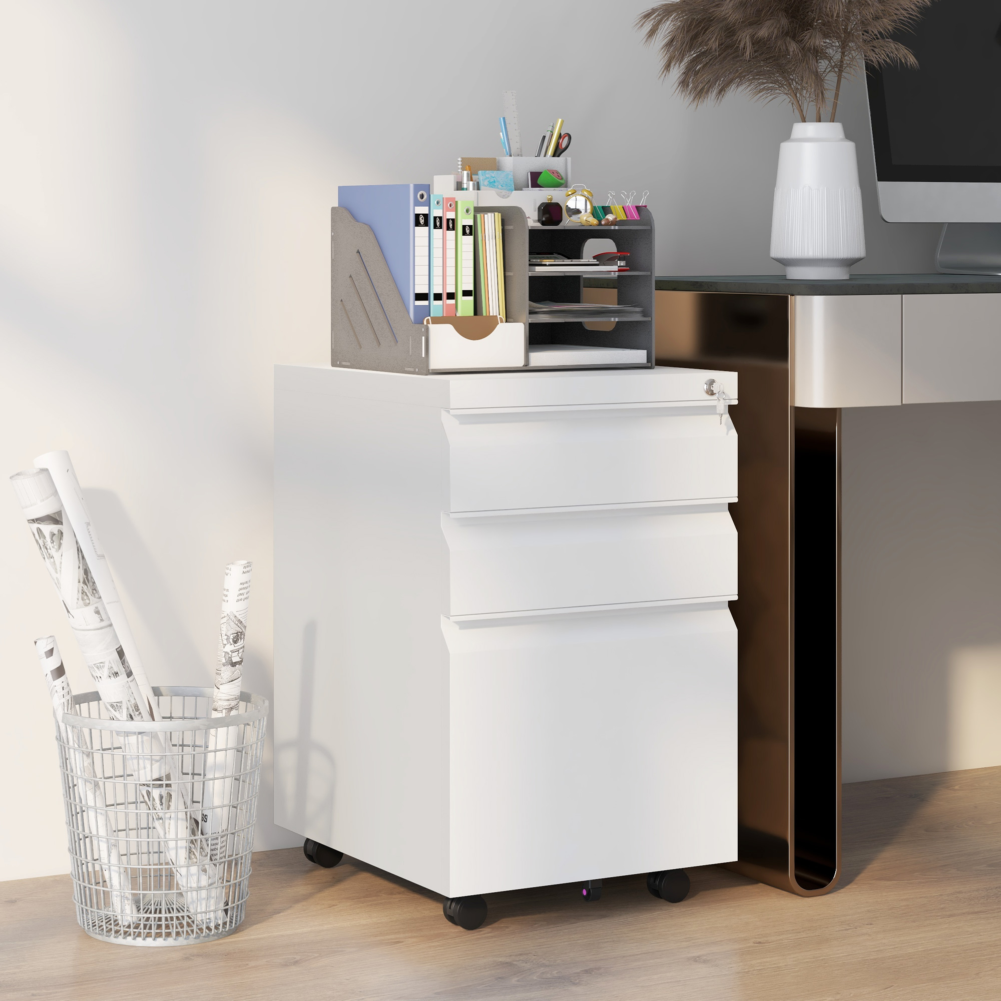 Vinsetto Büroschrank mit 3 Schubladen, verstellbarem Riegel und Fach, aus Stahl, 37x43,5x60 cm, Weiß