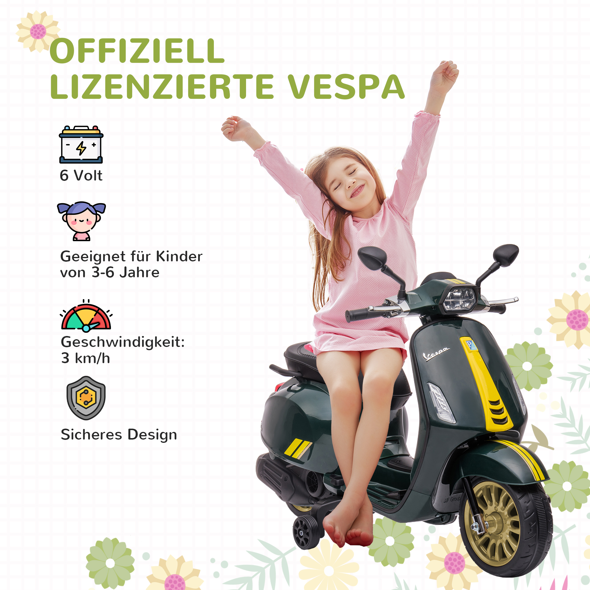 AIYAPLAY Elektrische Kinder Vespa, 3 km/u, 3-6 Jaar, Muziek, Licht & Radio, Donkergroen
