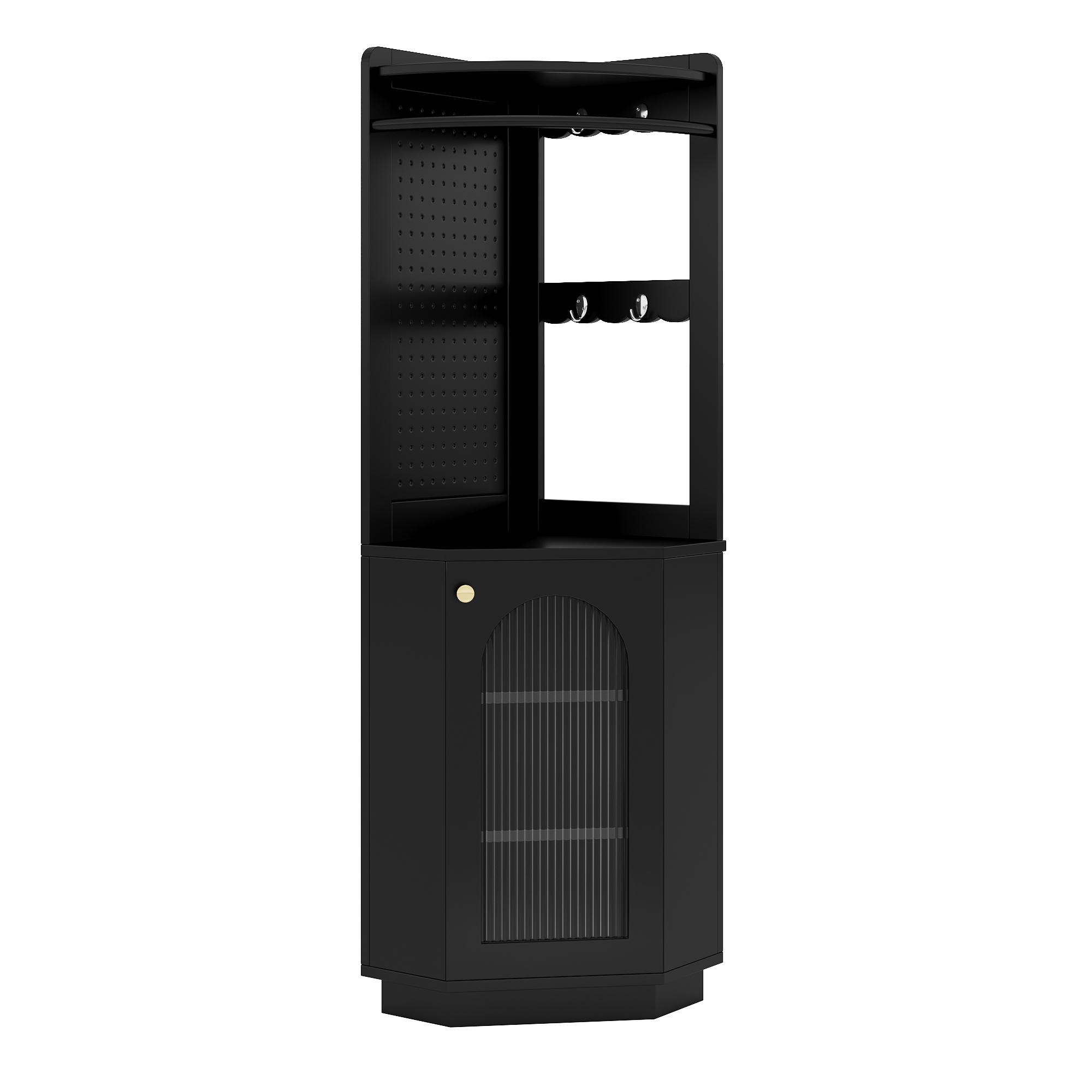 Badschrank mit Lichtleiste, Eckschrank mit Staufach, 45×45×166,6 cm, Schwarz