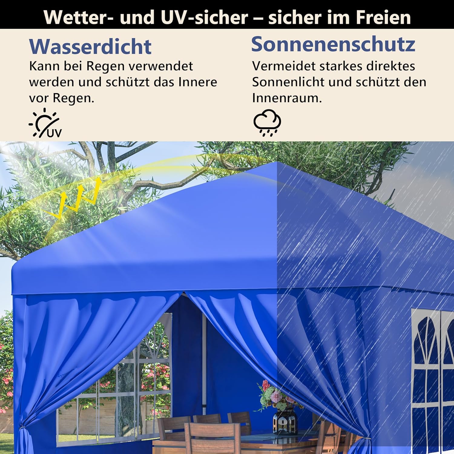 Sonnenschutz Überdachung Terrasse Garten Pavillon 3x3m wasserdicht stabil Winterfest mit 4 Seitenwänden höhenverstellbar Faltpavillon für Camping Party & Hochzeit inkl. Sandsäcke & Abspannseile