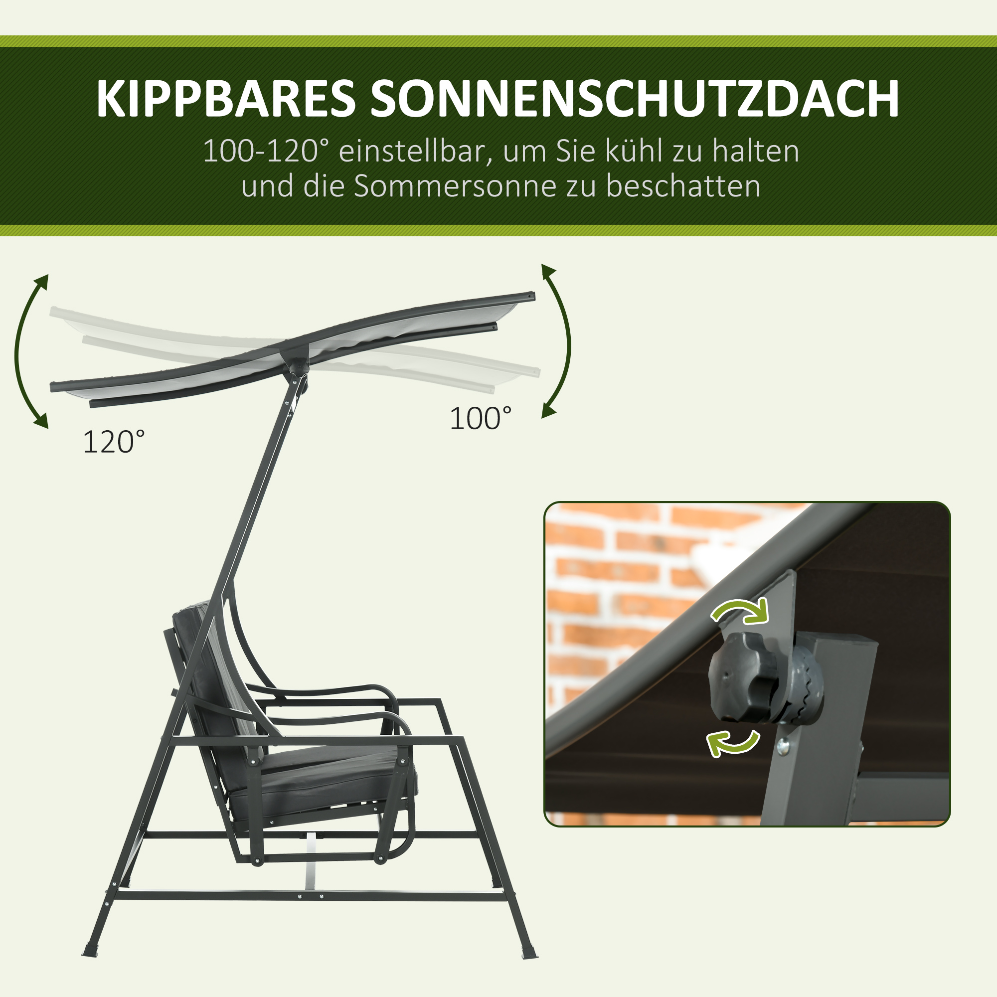 Outsunny tuinschommelset, 2-zits tuinschommelset met baldakijn, grijze kussens