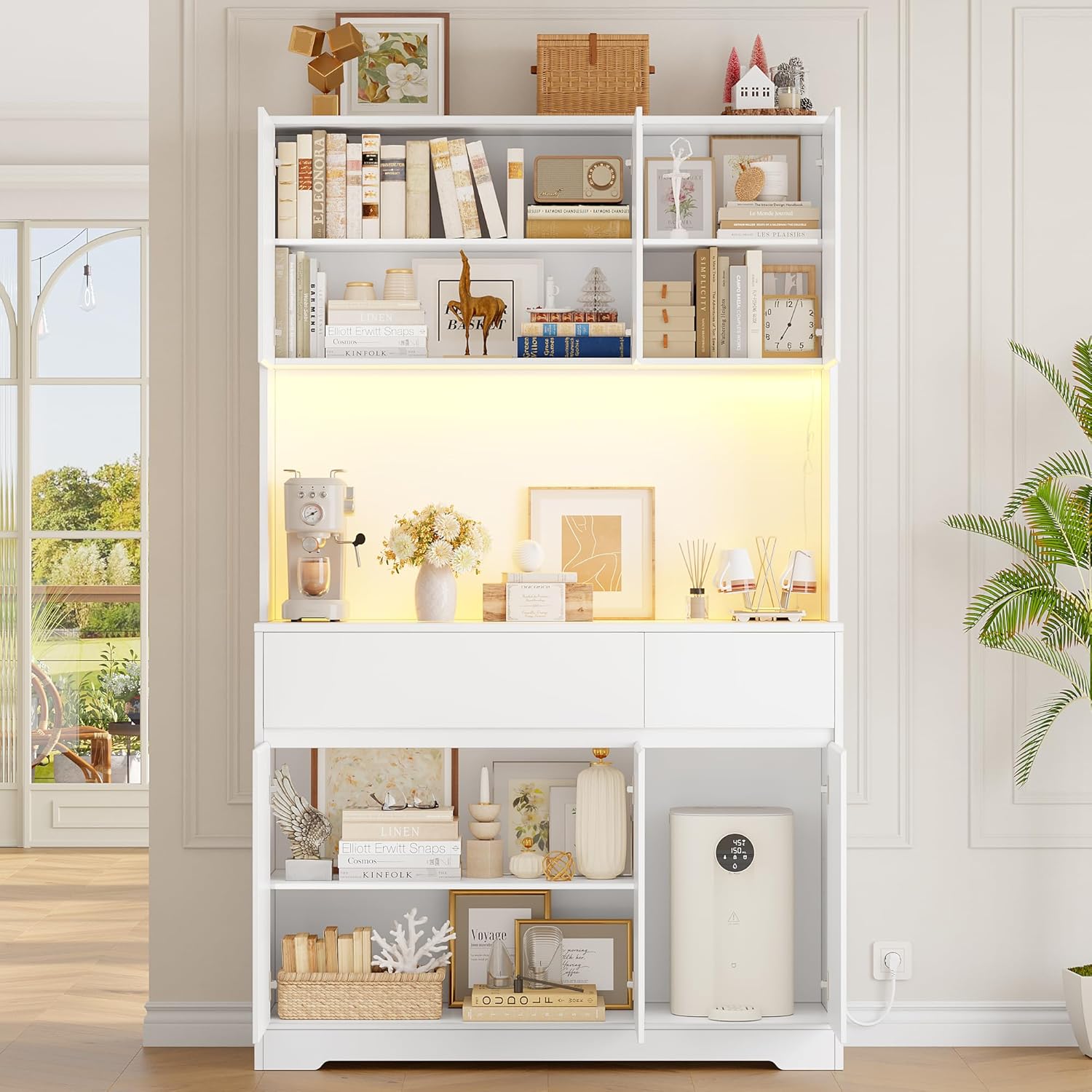 FirFurd Mobile Cucina, Credenza Cucina Alta con Presa e Luce LED, Mobile Dispensa con Ripiani Regolabili, Ampio Piano di Lavoro, per Sala da Pranzo, Soggiorno, 100x38,5x180cm (Bianco)
