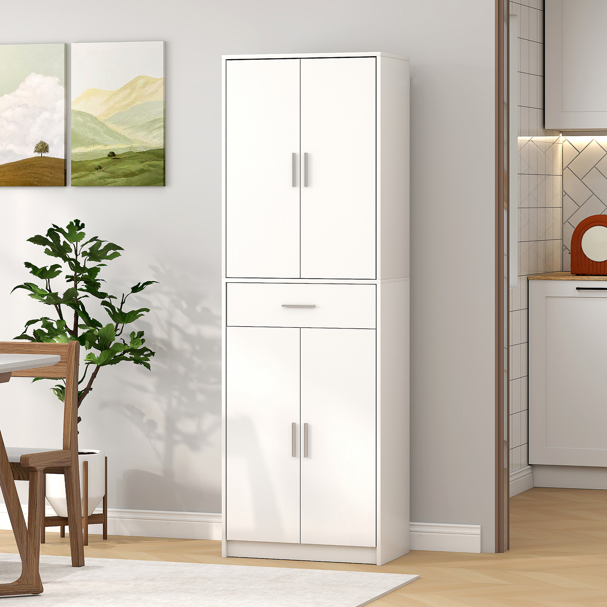 HOMCOM Keukenkast, 3-traps verstelbare planken, Spaanplaat, MDF, veel opbergruimte, Wit