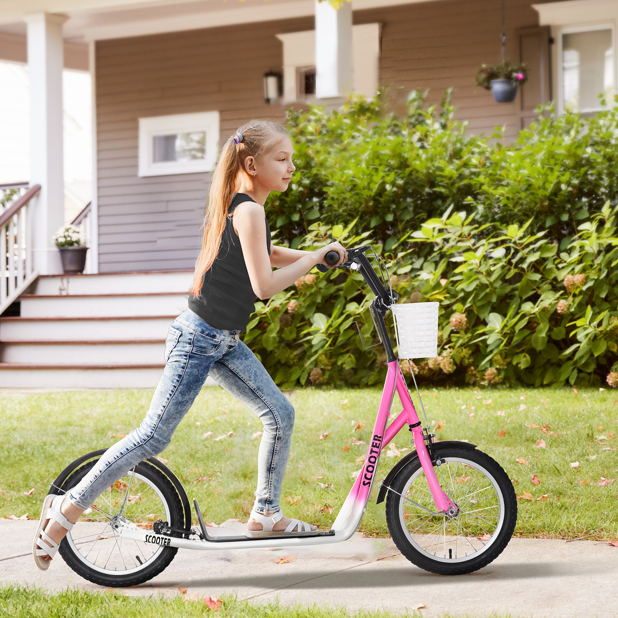 Kinderstep met Rem, Incl. Mand, Hoogteverstelbaar, voor Kinderen van 5 tot 12 Jaar, Wit + Roze