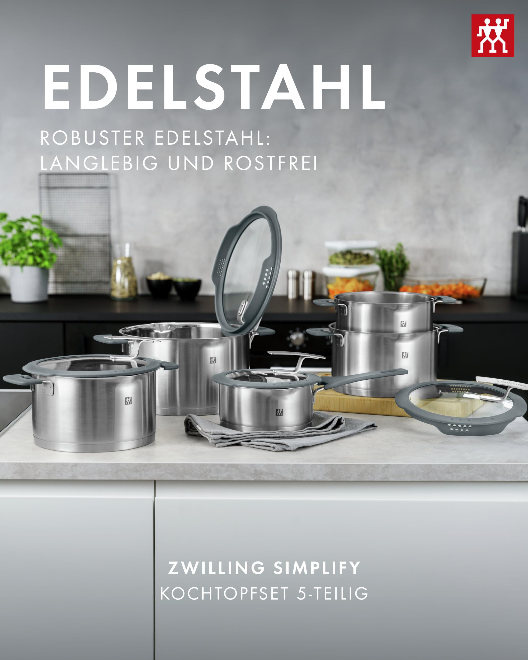 Zwilling Simplify Kochtopf Set mit 5 Teilen und integriertem Sieb Induktion Grau für alle Herdarten geeignet