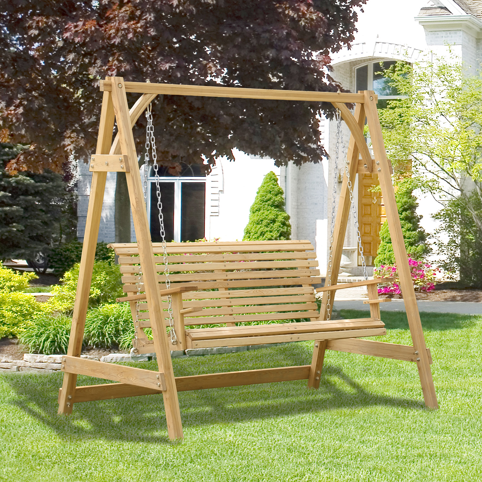 Outsunny Gartenschaukel 2 Personen 1,8L x 1,2B x 1,85H m Armlehnen Glashalter Vorgeöltes Lärchenholz