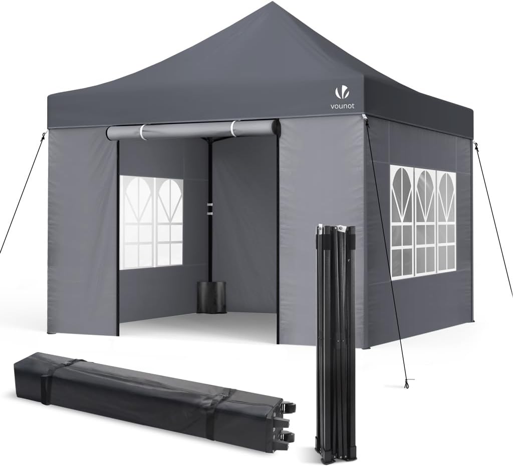 VOUNOT Gazebo 3x3m Pieghevole con 4 Parti Laterali, Gazebo da Giardino Tenda Padiglione Pop up con 4 Sacchi di Sabbia di Peso e Sacca di Trasporto, Bianco