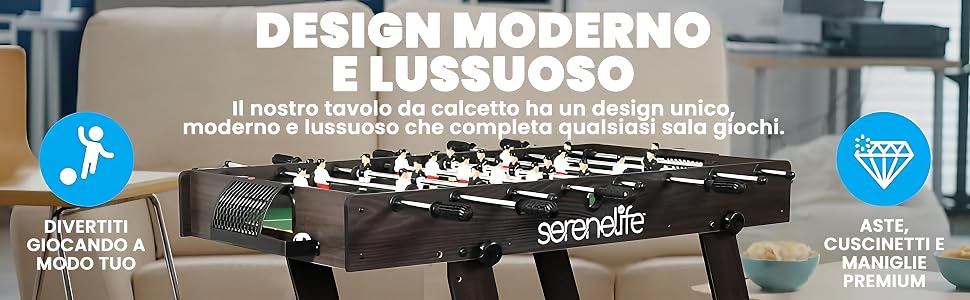 Elegante biliardino dai toni scuri ed elementi di design moderno, con icone di certificazione di qualità e sovrapposizione di testo in italiano