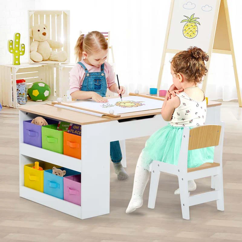 3 In 1 Wood Kids Art Table Amp Easel Set With 2 Chairs 6 Storage Bins Paper Roller Paint Cups Toddler Crafts Activity Table Chair Set - High Quality Set For Everyday Use