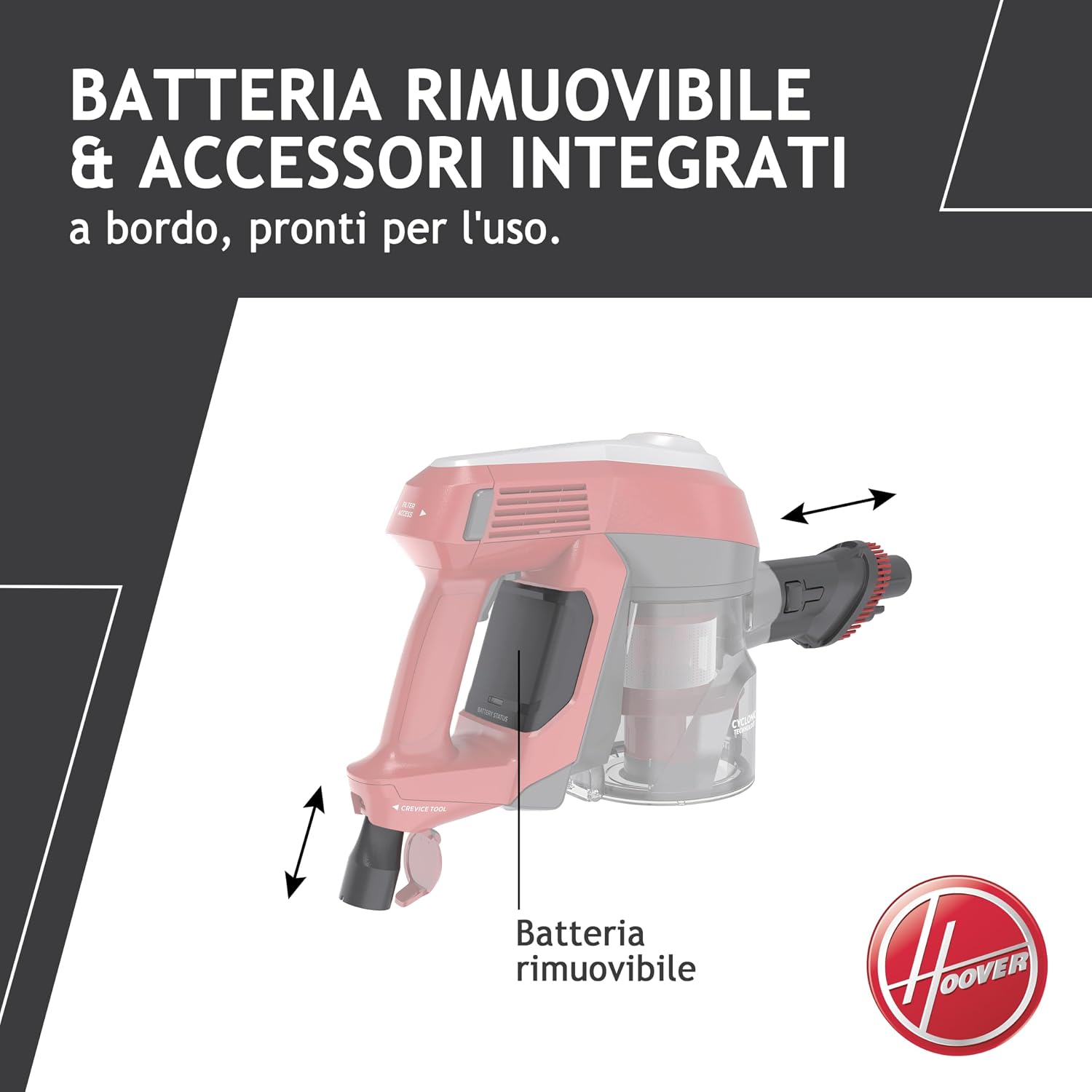 Hoover H-FREE 100 HF122RH 011 Scopa Elettrica Senza Fili, Senza Sacco, Ciclonico, Batteria 22V, Autonomia 40 Min, Grigio