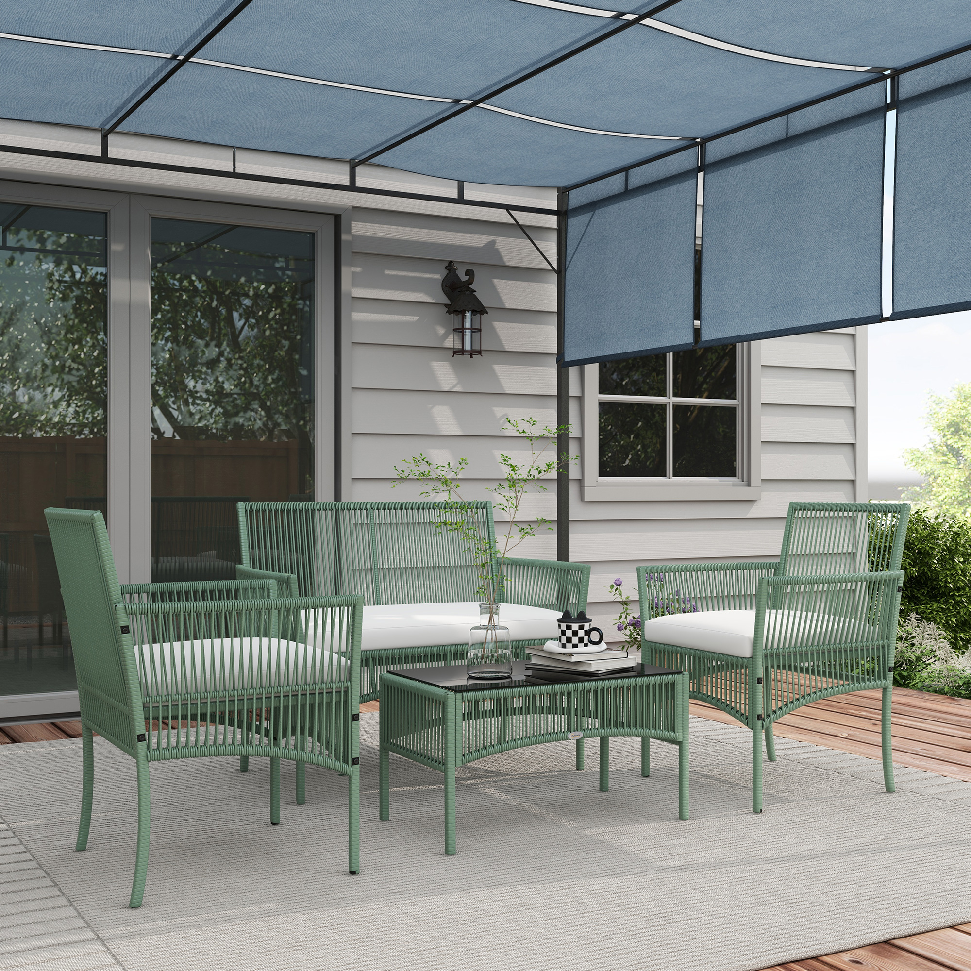 Outsunny Gartenmöbel-Set 4-teilig Sofa 2-Sitzer 2 Sessel 1 Couchtisch gehärtete Glasplatte