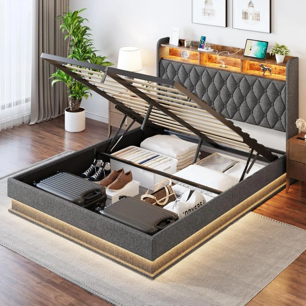 Queen Bed Frame with Storage - Lift Up Queen Size Bed Frame with Headboard, Upholstered Platform Bed with LED Lights & Charging Station, Hydraulic No Box Spring Needed Wood Slats Support, Beige