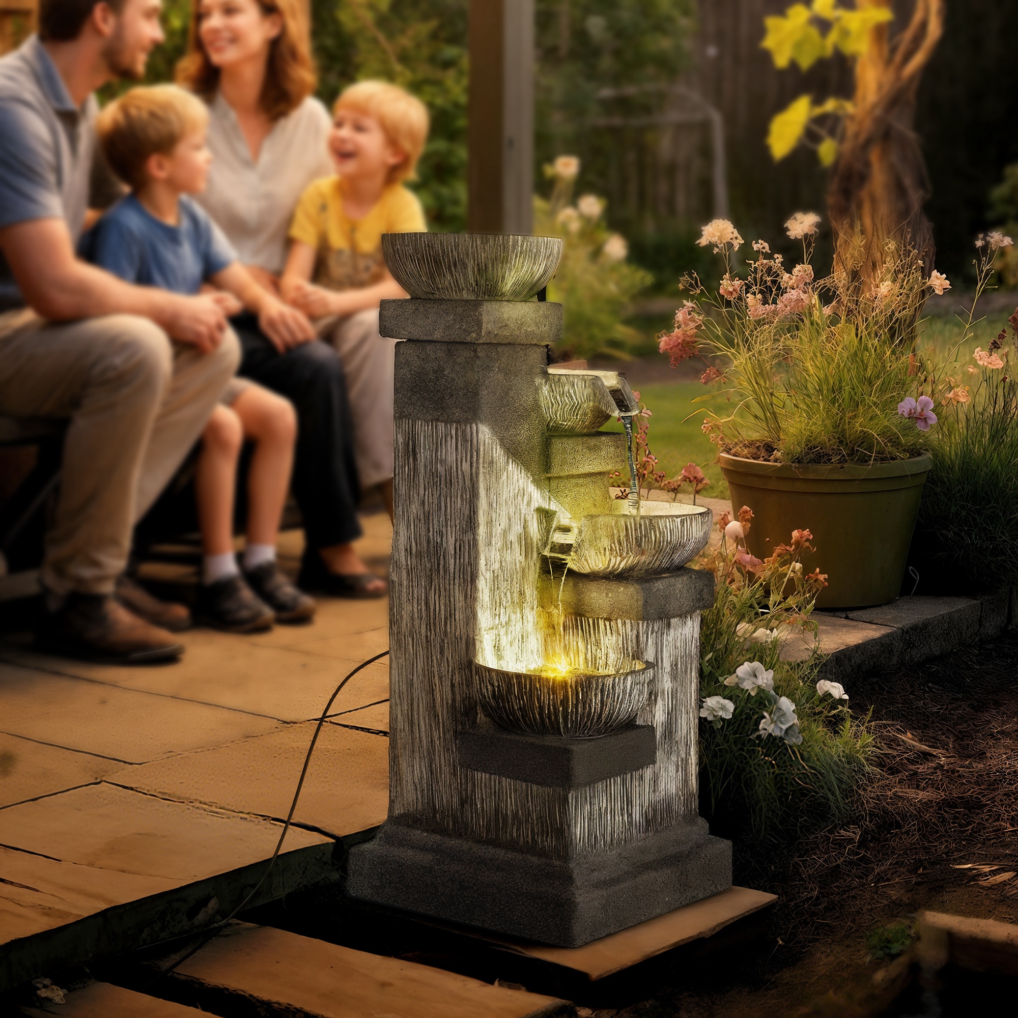 Outsunny 85 cm Outdoor-Brunnen, 4-stufiger Zierbrunnen, künstlicher Wasserfall mit LED-Beleuchtung und Pumpe, Grau