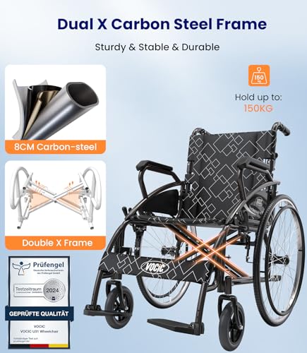 VOCIC U31 Sedia a Rotelle pieghevole leggera 150KG,Carrozzina per disabili in alluminio,Doppio Freno sedia a rotelle per anziani,Pneumatico Solido 60CM per tutti i terreni,Garanzia di 5 anni|Grigio : Amazon.it: Salute e cura della persona