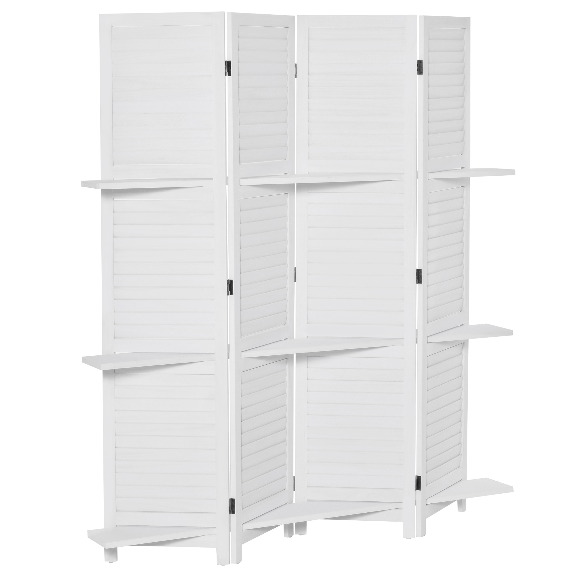 HOMCOM Innenraum-Paravent 4 Paneele 160L x 170H cm 3 Regale Faltbarer Raumteiler Jalousietüren Paulownia-Holz Weiß
