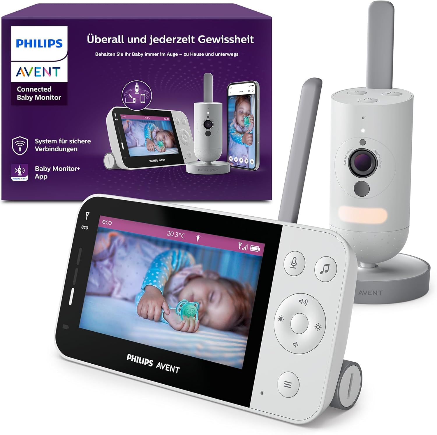 PHILIPS Avent Connected Videophone mit WLAN, hochwertiger HD-Kamera, Infrarot-Nachtsichtfunktion, Schrei-Erkennung, Gegensprechfunktion, 12 Stunden Bildschirmlaufzeit im Eco-Modus, Modell SCD951/26