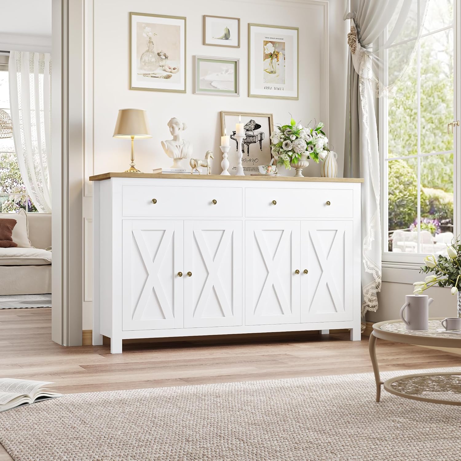 FirFurd Sideboard 140cm Breit Küchenschrank mit Arbeitsplatte Buffetschrank mit 2 Schubladen und 4 Türen Küchenbuffet mit Verstellbares Regal Sideboard für Küche Wohnzimmer Esszimmer weiß 140x89x40 cm