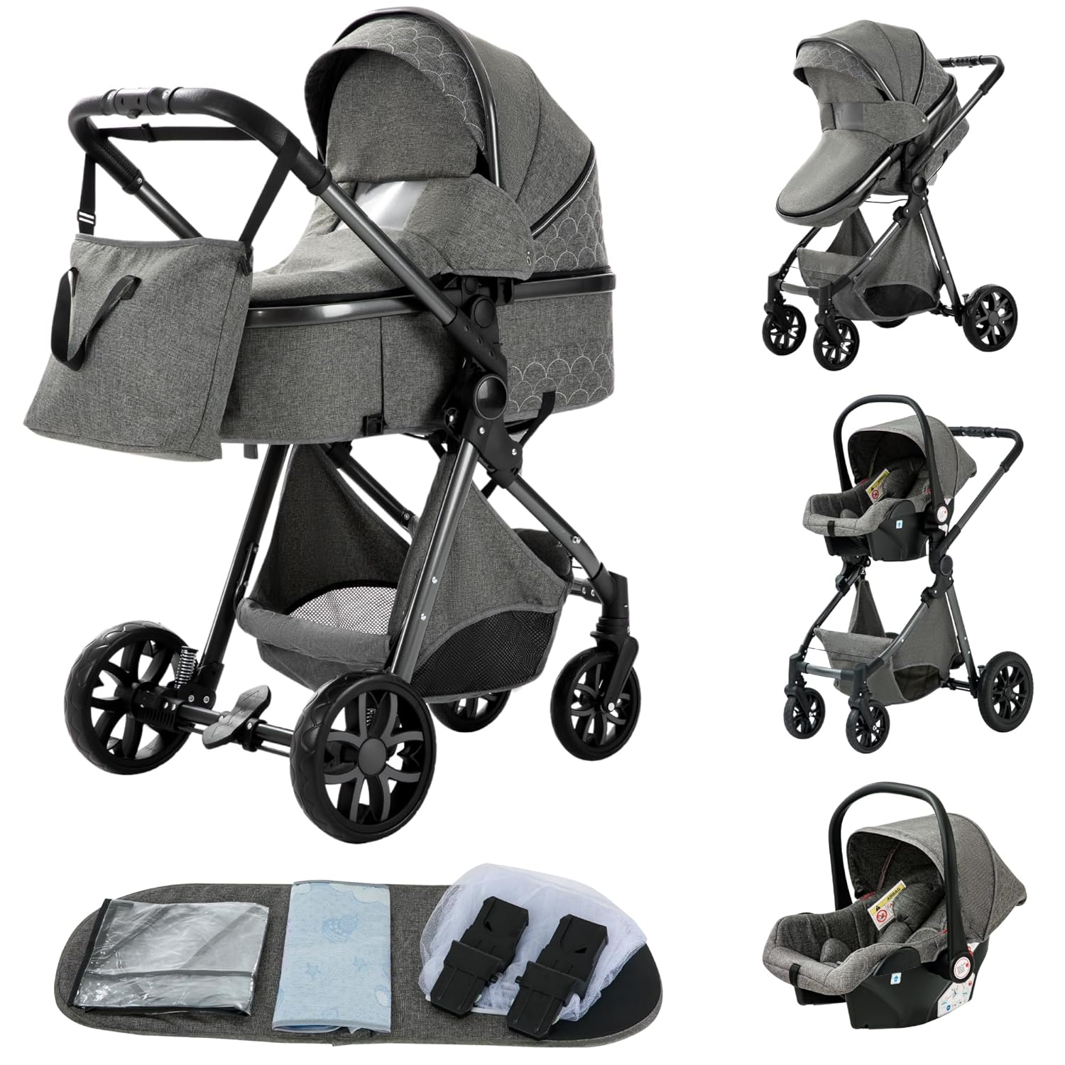 YAZOCO kinderwagen 3 in 1 Buggy Babybett Komplett Set Einem Klick Zusammenklappbarer Kinderwagen, KombiKinderwagen Aluminiumrahmen für Neugeborene Sitzzubehör (1 schwarz)