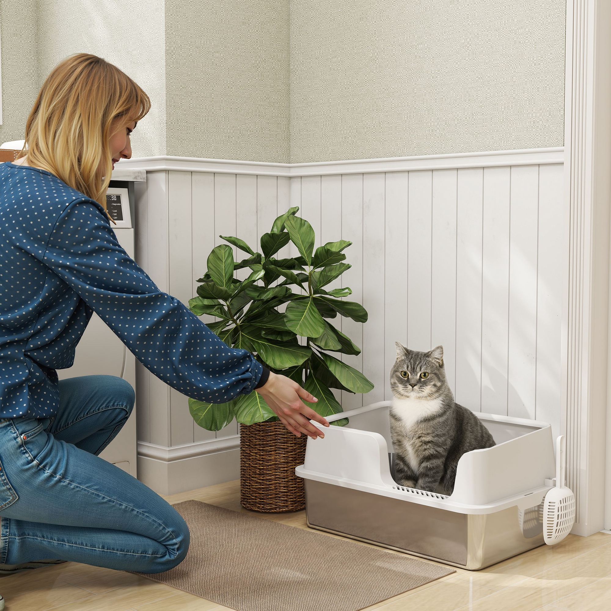 PawHut Katzentoilette mit erhöhten Rändern, Tropfschale und Schaufel, aus Edelstahl und PP, 60x40x28 cm, Hellgrau