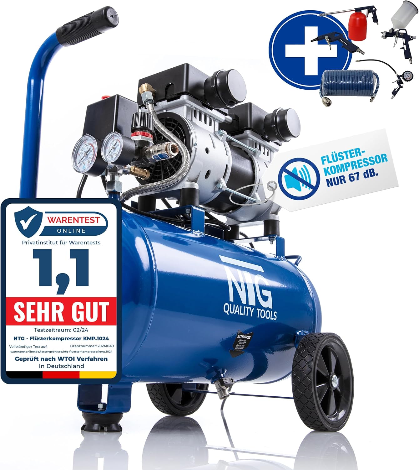 NTG Silent Kompressor 9 Bar 1470W Starke Leistung Ölfrei besonders leise und flexibel einsetzbar mit Manometer und Druckregler 24 L Tank (Kompressor mit Starterset, 24 Liter Tank)