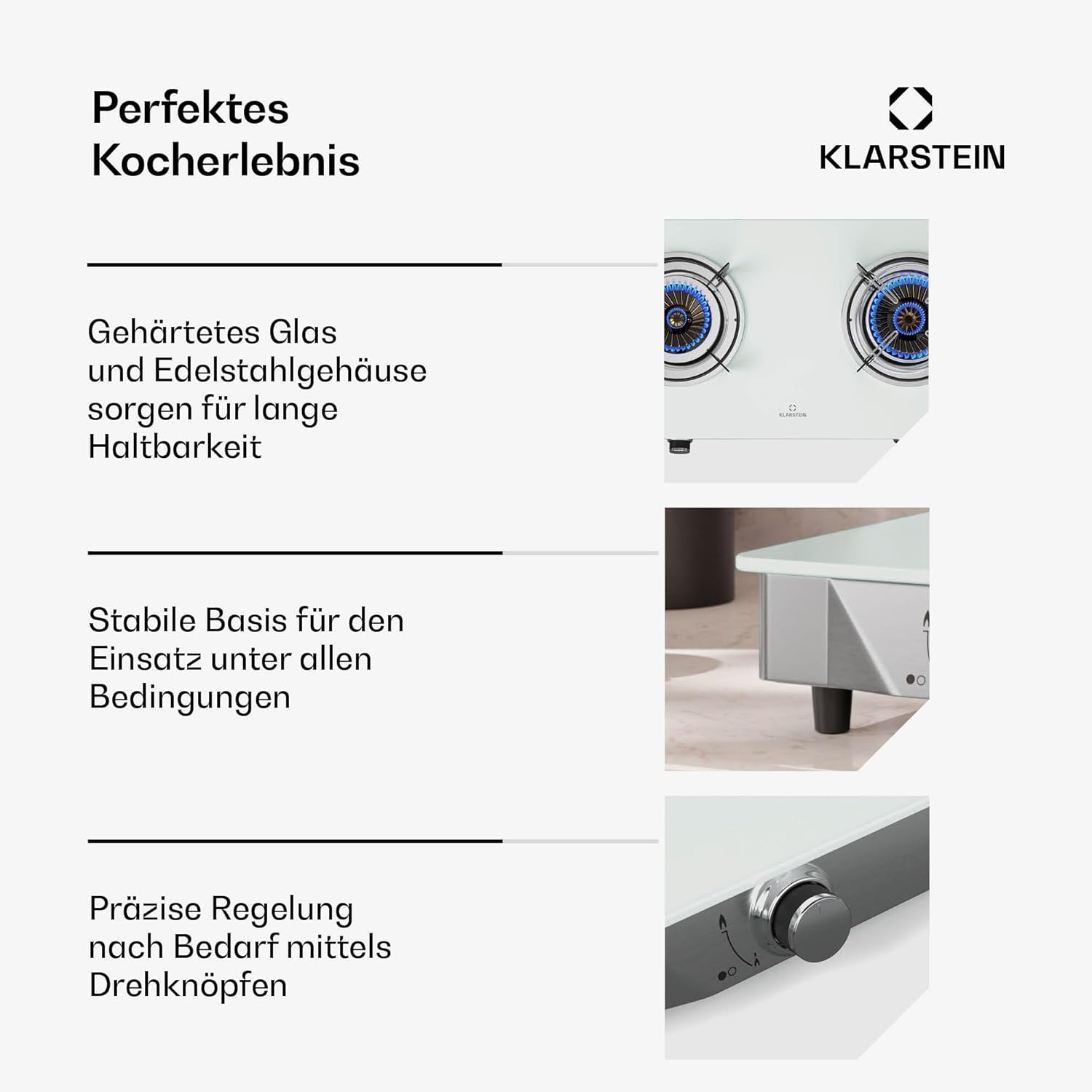 Klarstein Barzona Gaskochfeld, 2-Brenner Edelstahl & Glas, 7,7kW, Tragbarer Campingkocher mit Piezo-Zündung & Flammenausfallsicherung, Kompaktes und Tragbares Design, Weiß
