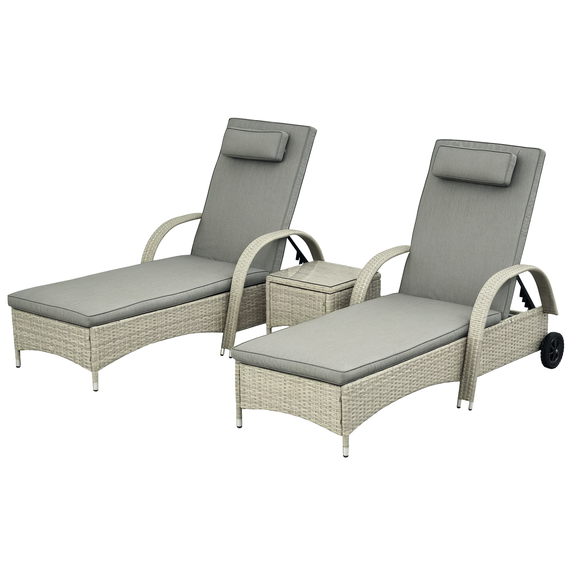 Outsunny Sonnenliege Gartenliege Tisch 3er-Set Gartenmöbel, Polyrattan+Metall Grau
