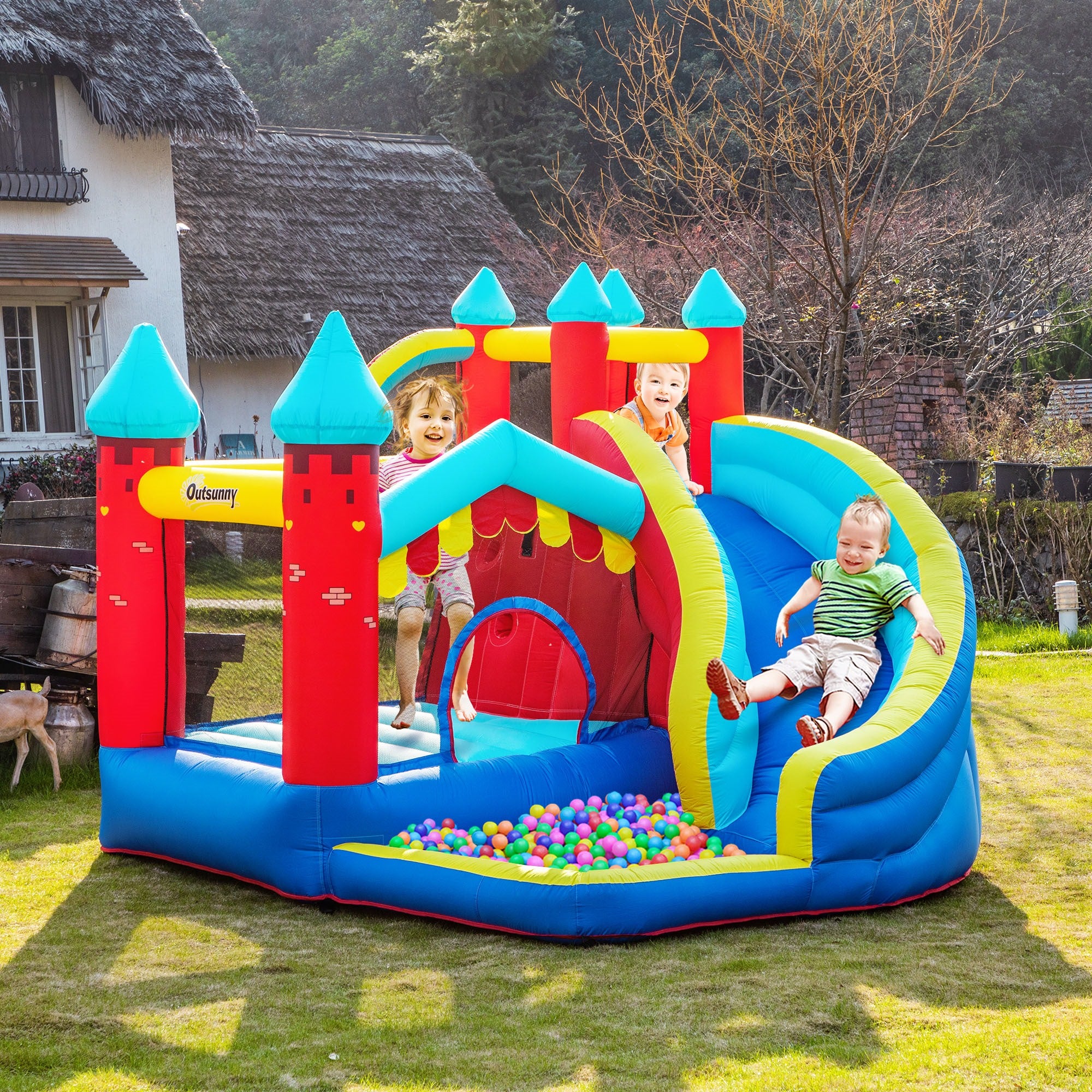 EasyComfort Castello Gonfiabile 4 in 1 per Bimbi 3-8 Anni con Scivolo e Piscina, 290x270x230cm