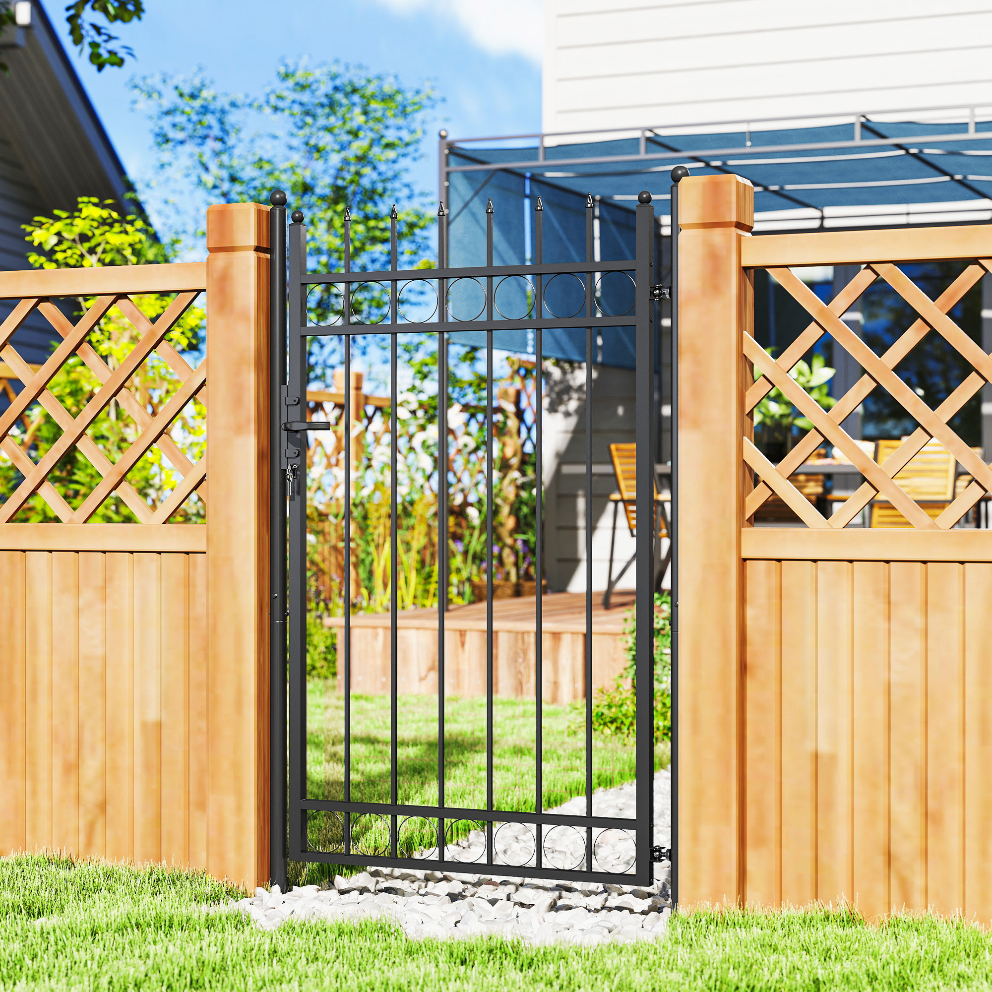Outsunny Gartentor mit 2 Pfosten und Griff, Verzinkter Stahl, 105x204 cm, Schwarz