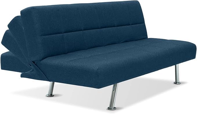 EVERGREENWEB - Divano Letto Clic Clac 3 Posti in Tessuto Imbottito colore Blu, Design Moderno, Schienale Reclinabile e Trasformabile in Comodo Letto con Materasso in Foam, Gambe Cromate, BRIGITTE