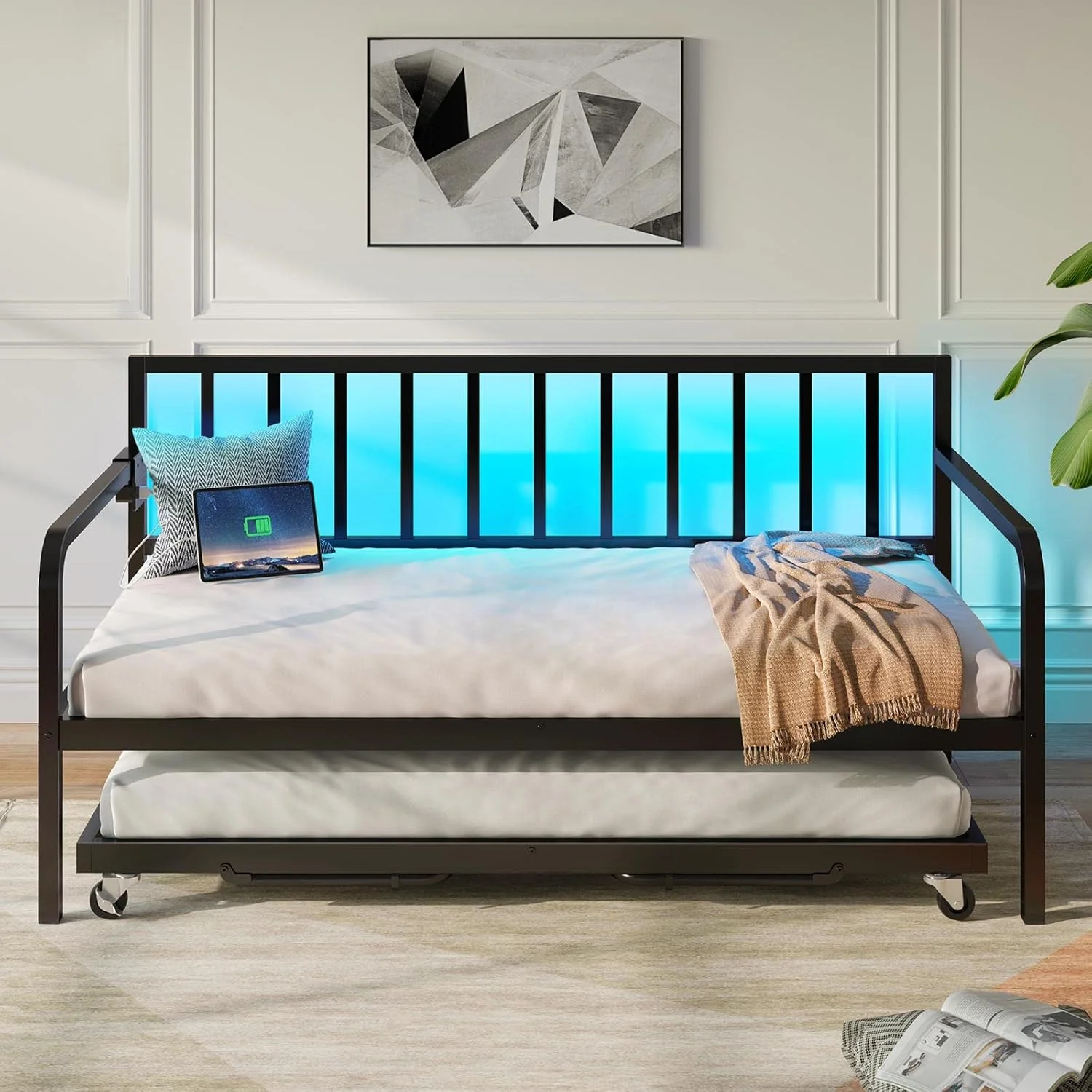 Lounge chair with charging device and LED light, height-adjustable double-person lounge chair with footrests, metal single-person sofa bed frame with steel crossbars, equipped with steel crossbars, suitable for living room, bedroom and guest room, bl