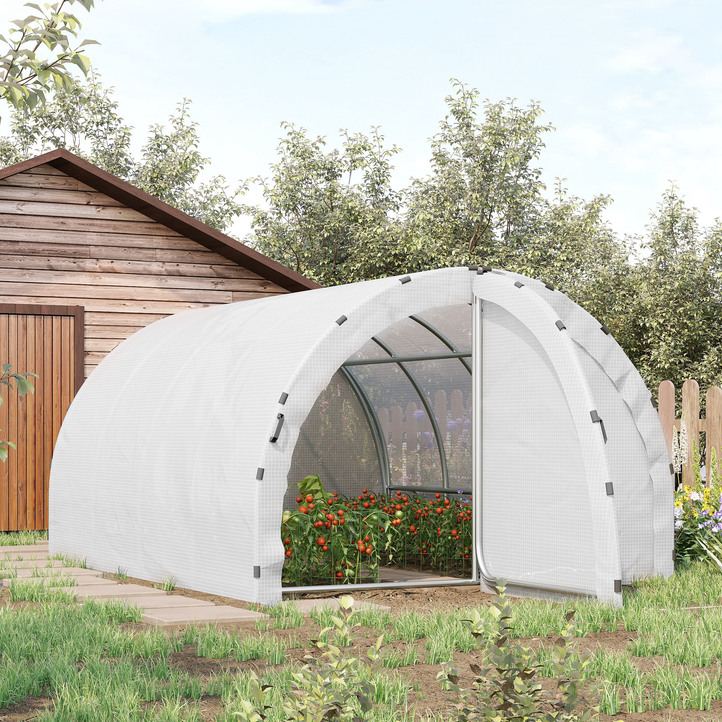 Outsunny Gewächshaus Tunnel Garten 12 m² Bodenfläche 4L x 3B x 2H m Verstärktes Stahlrohr-Gestell 25 mm Doppeltür mit Griffen Weiß
