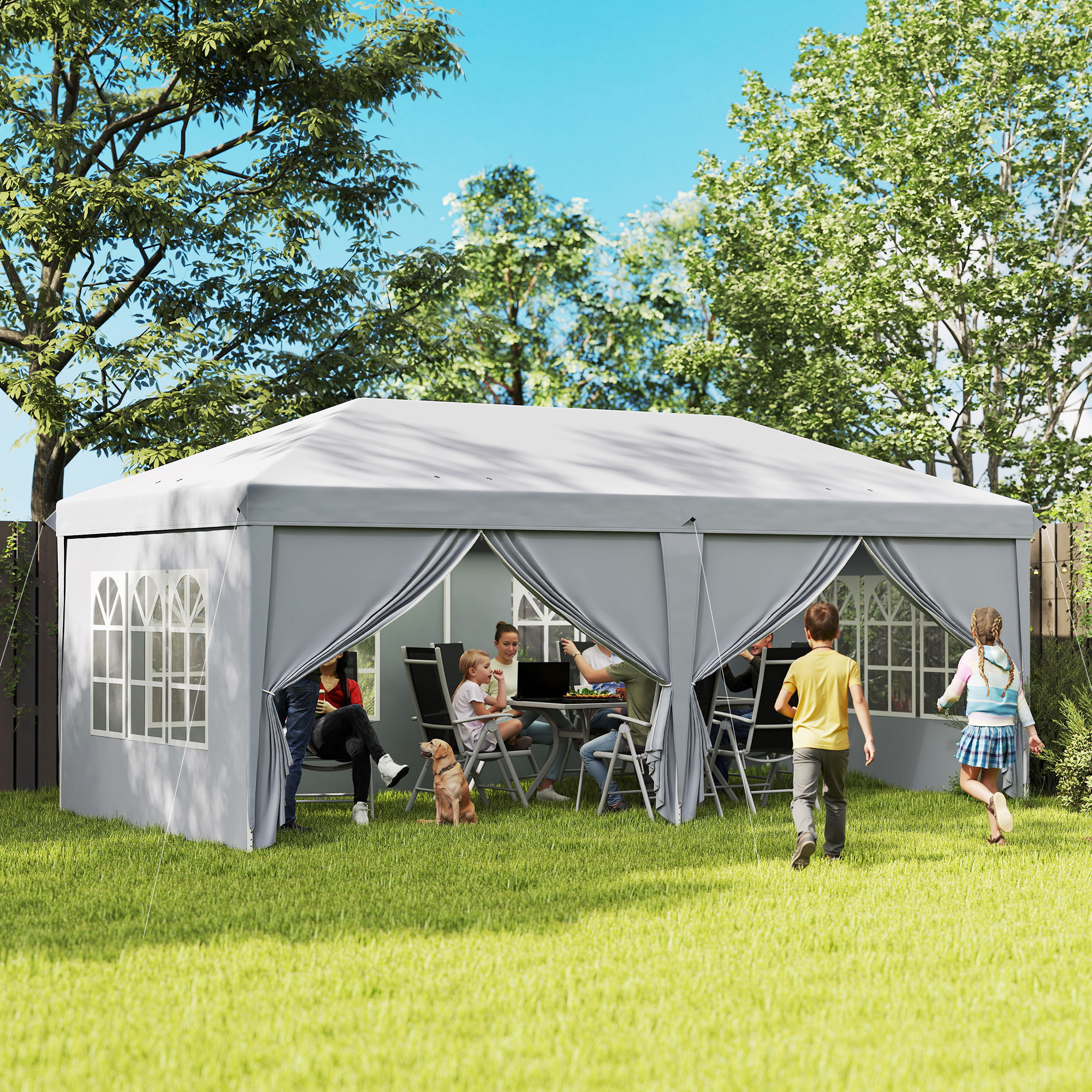 Outsunny Popup-Gartenpavillon Faltbarer Pavillon 6 x 3 x 2,7 m 4 abnehmbare Seitenwände 4 Fenster Transporttasche Hellgrau