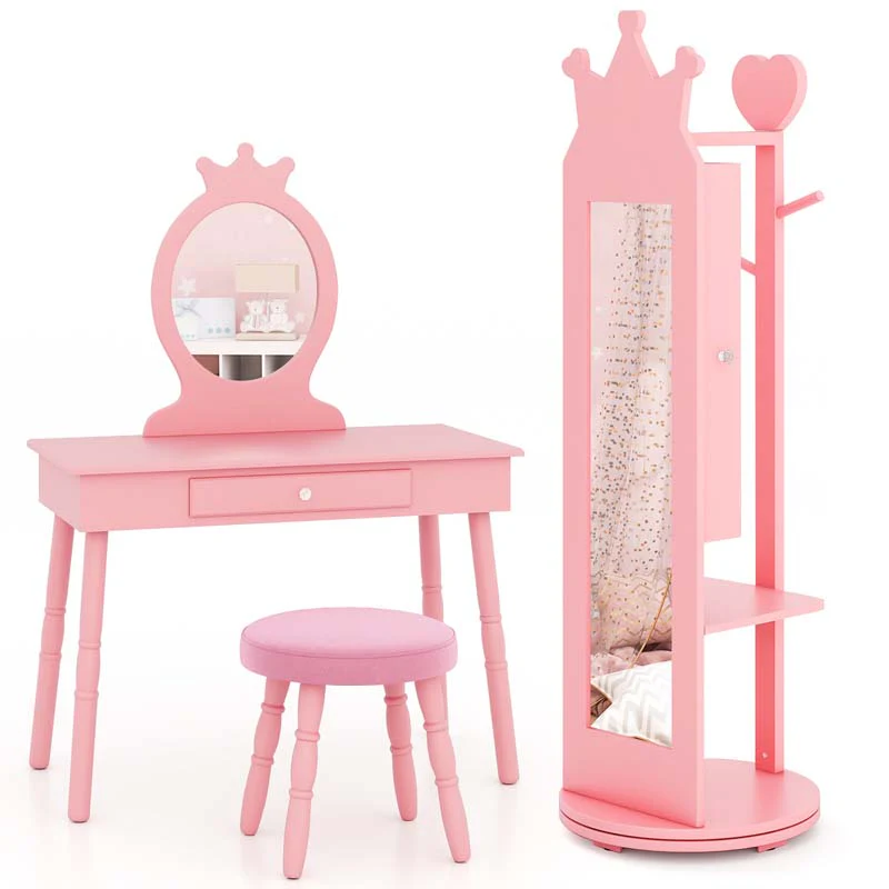 Kids Princess Vanity Table Stool and 360�� swivel Free-standing Jewelry Cabinet with Full-length Mirror and Drawer