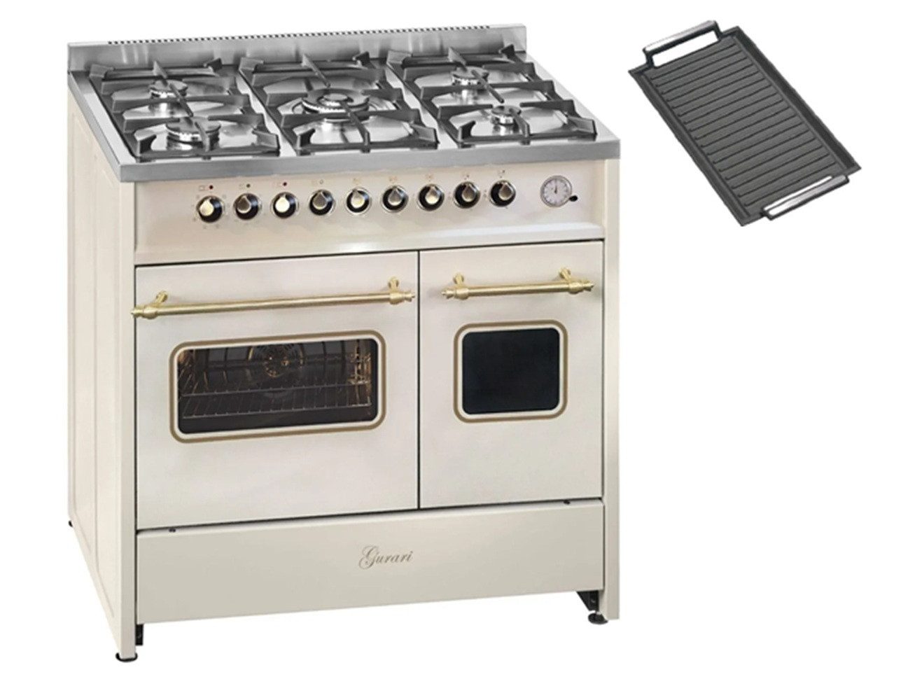Gas-Standherd Retro-Design Creme Gas Elektro Standherd 90 cm Range Coocker GCH E 916 Cr R+Grillplatte, Retro Herd 90 cm mit Doppel Backofen