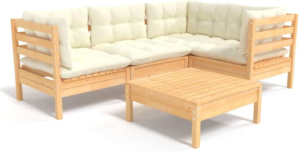 Lounge da giardino, 5 pezzi, con cuscino crema, in legno di pino, per balconi, interni ed esterni, terrazza, cortile