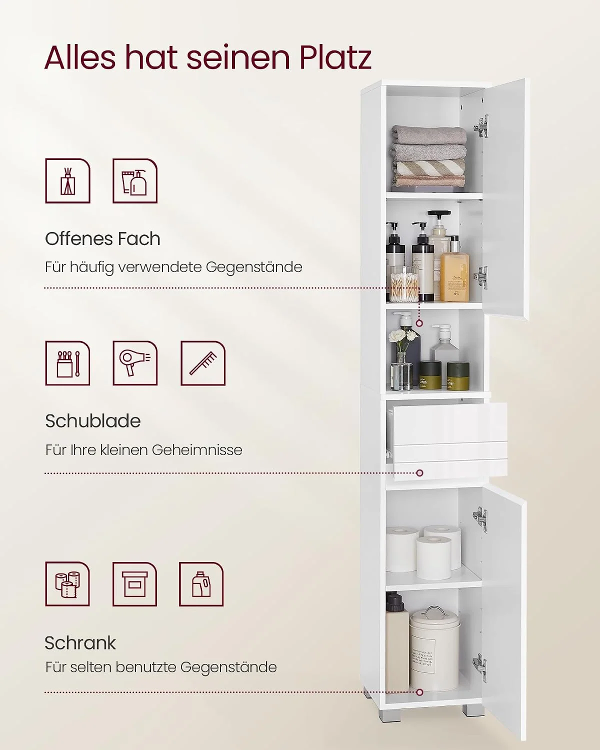 VASAGLE Badezimmerschrank mit Türen und Schubladen