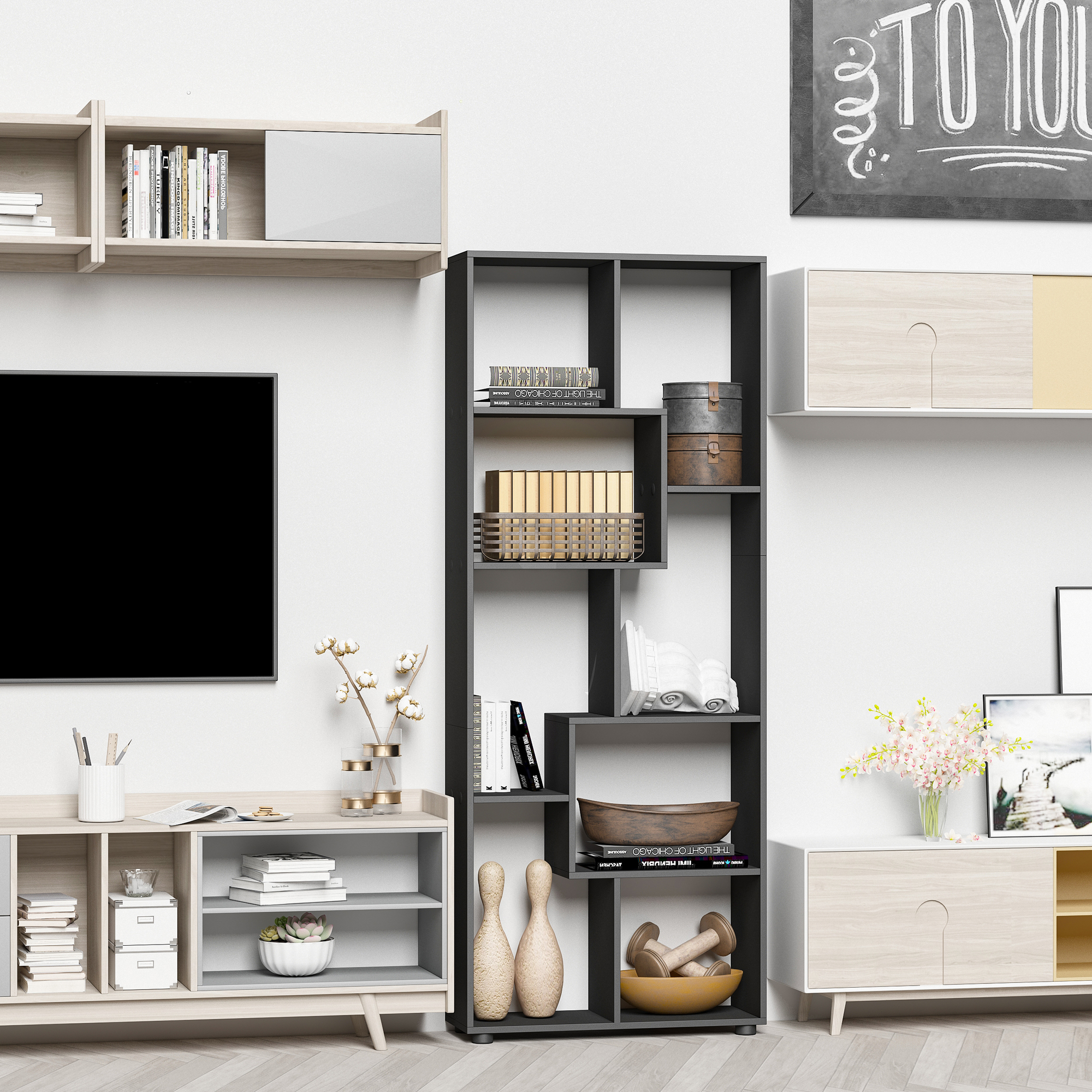 HOMCOM Bücherregal Zick-Zack Design Contemporary 70L x 24B x 178H cm Spanplatten Schwarz