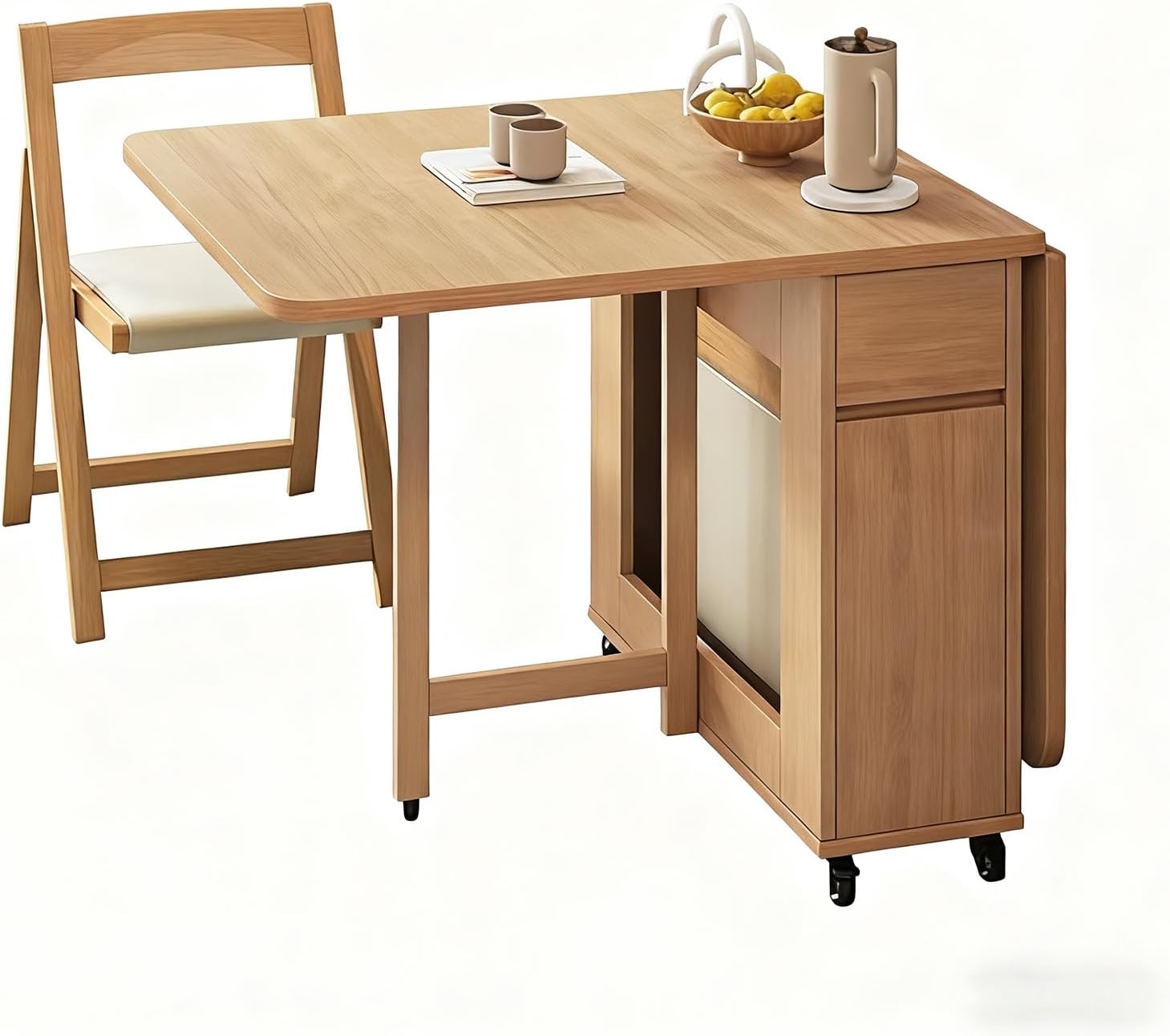 Tavolo da pranzo pieghevole in legno allungabile con 4 sedie, design a foglia di 140 cm, per cucina, sala da pranzo, soggiorno, ristorante, salvaspazio, elegante e versatile