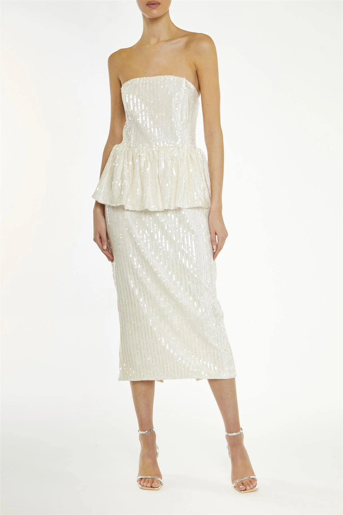 Alyssa Clear-Nude Sequin Bandeau Peplum Midi-Dress