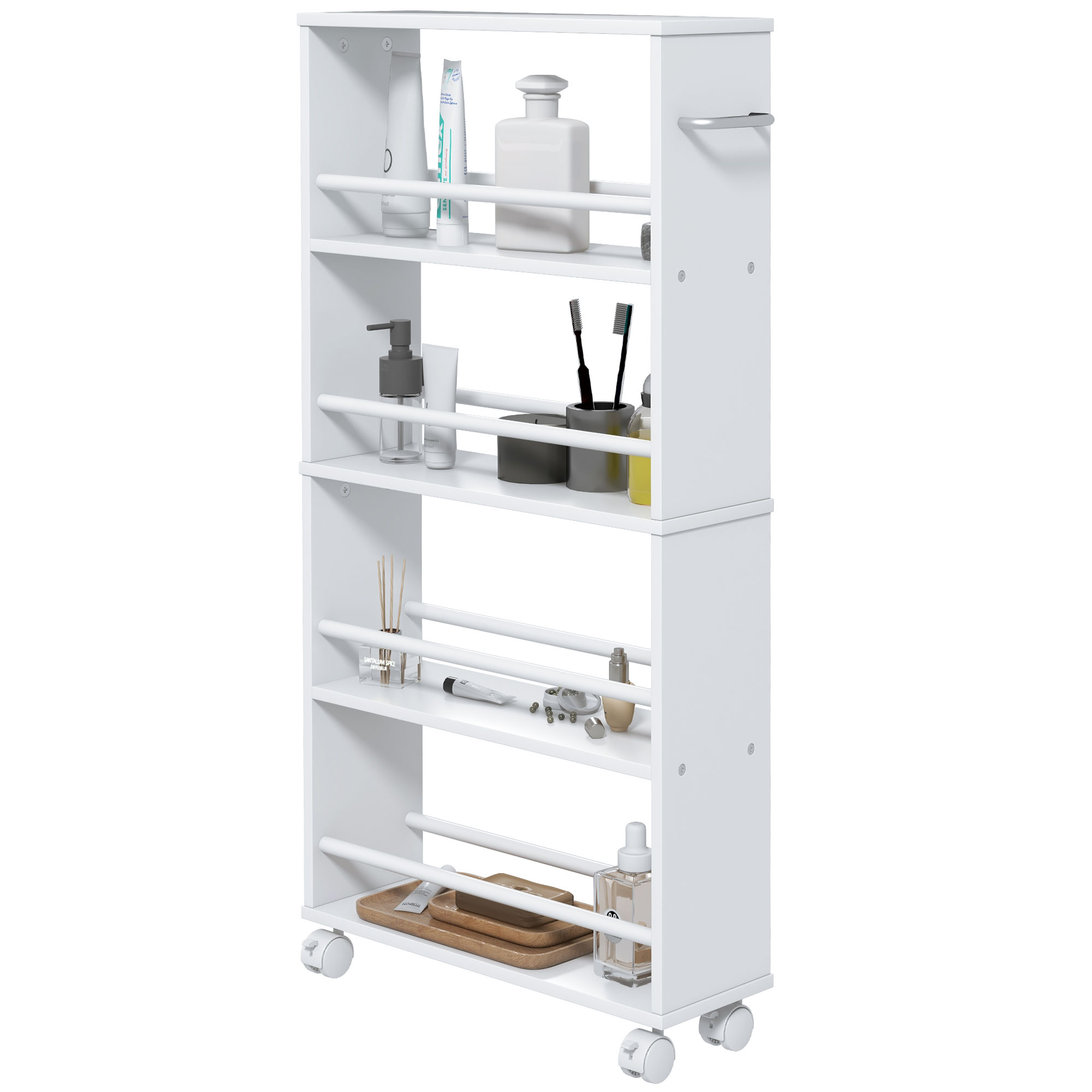 HOMCOM Multifunktionsregal mit Rollen, schmale Bauweise, 4 Fächer, 45x15x91 cm, Weiß