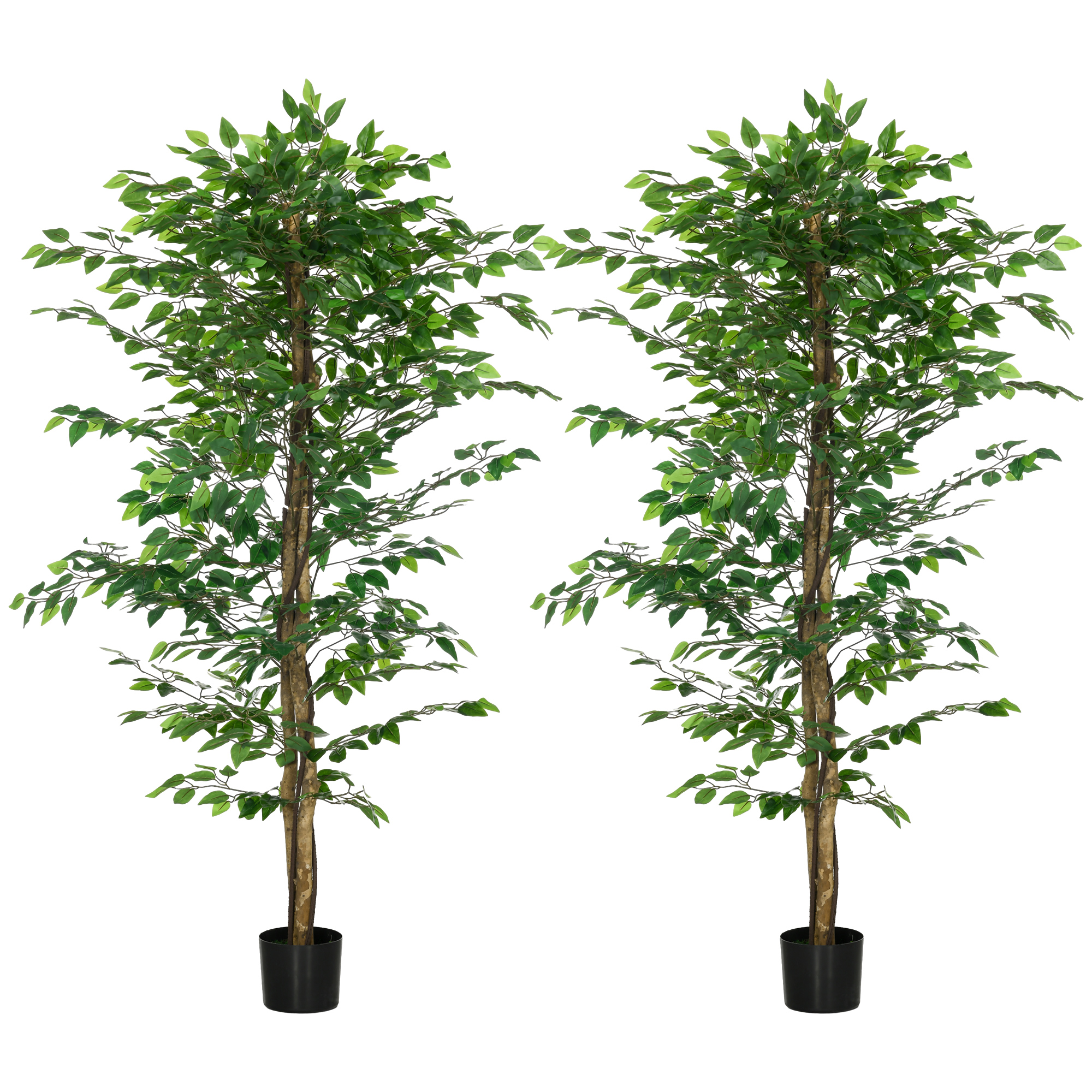 HOMCOM Set mit 2 künstlichen Ficus-Pflanzen 1,80 m hoch Stamm Äste Liane Moosblätter sehr realistisch inklusive Topf Grün