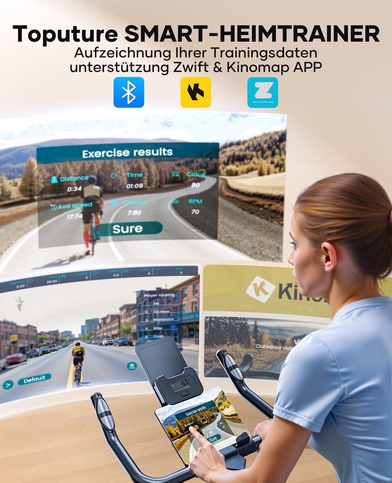 Heimtrainer mit APP, Puls, Stoßdämpfung, ultraleise unter 20 dB, Magnetwiderstand, 15 kg Schwungrad bis 160 kg